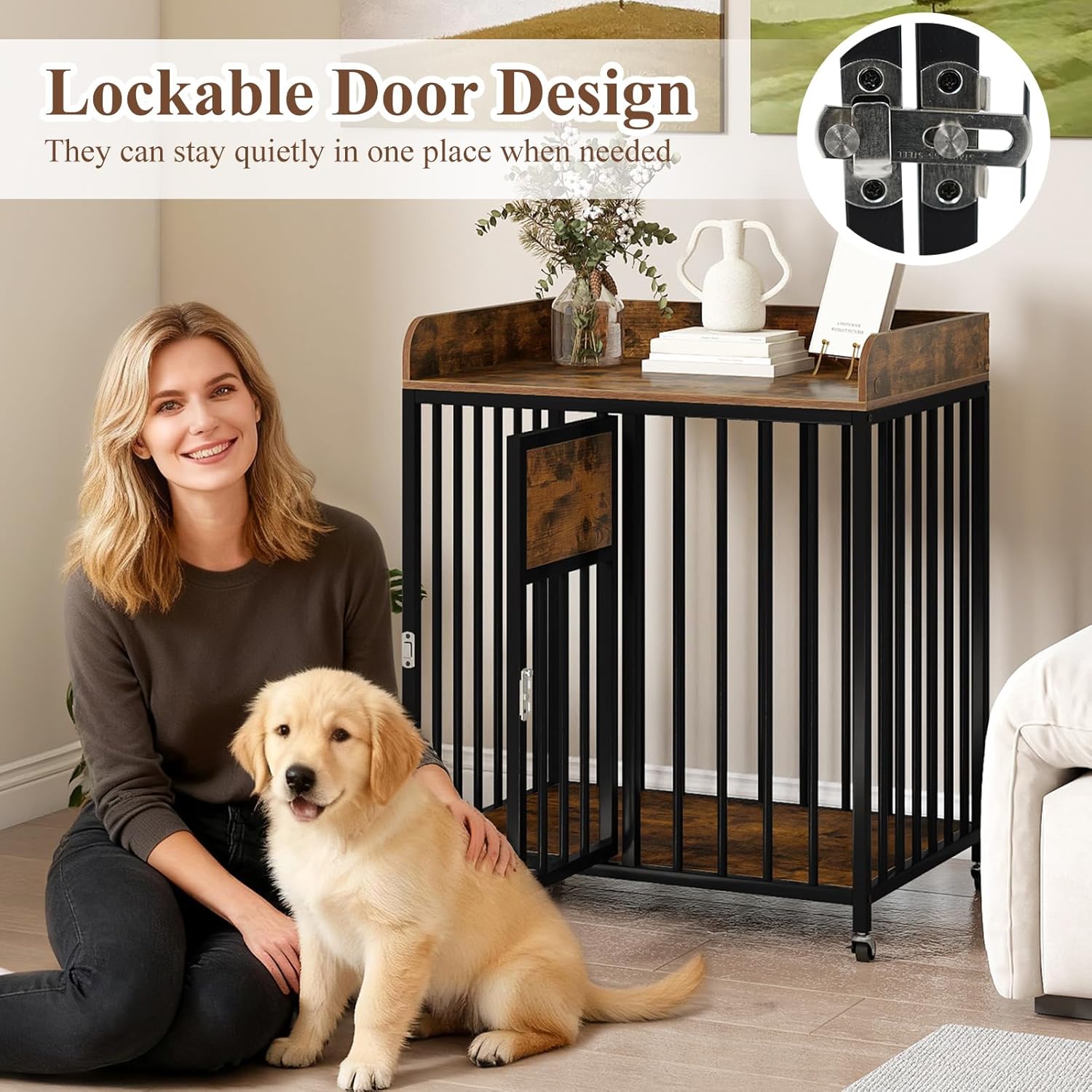 PETSITE Dog Crate Furniture with Lockable Wheels, Wooden Dog Kennel Indoor with Robust Metal Frame, Spacious Tabletop, and Lockable Door, 33 Inches Tall Dog House End Side Table for Small Medium Dogs