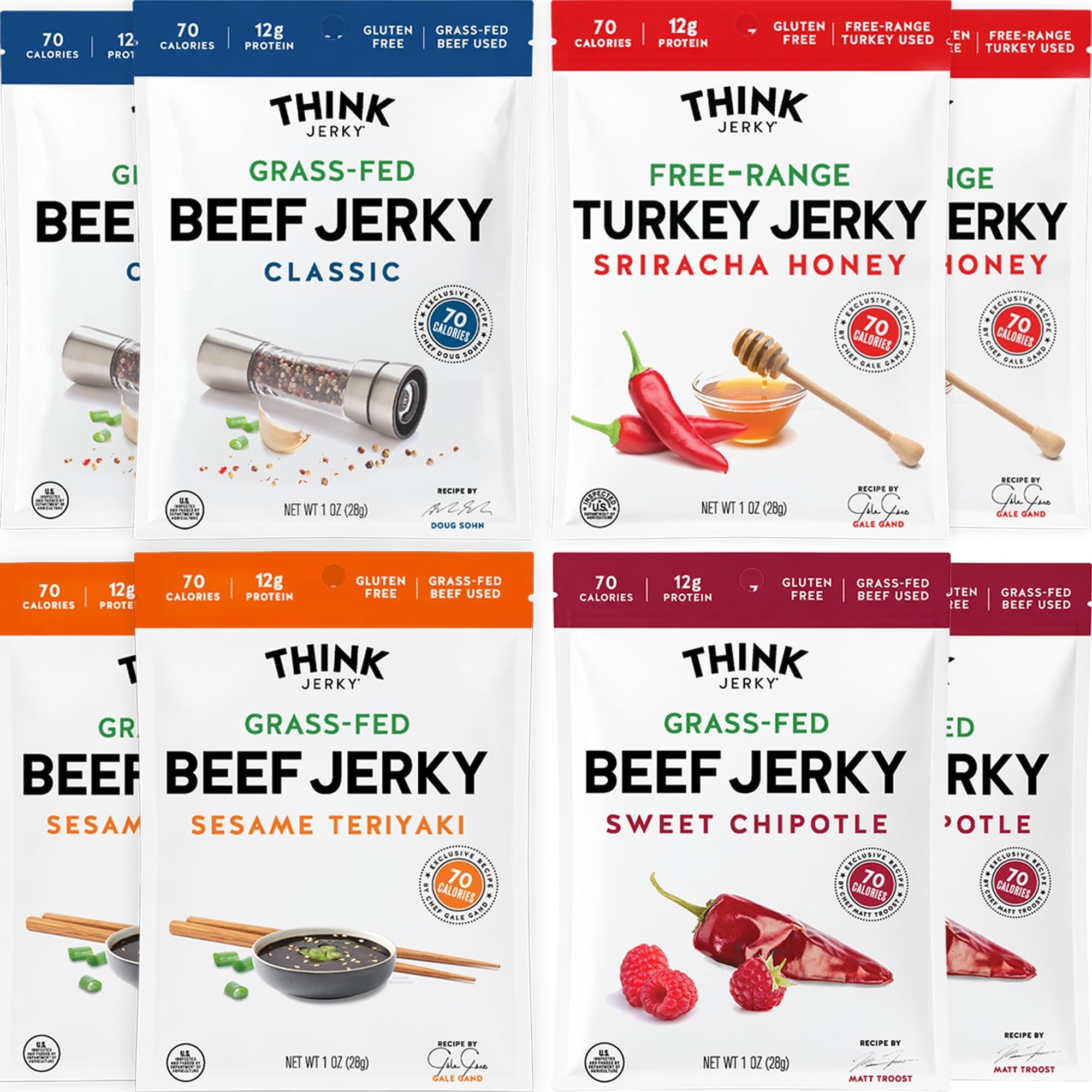 Think Jerky Beef and Turkey Jerky Variety Pack, Classic, Sweet Chipotle, Sriracha Honey, Sesame Teriyaki, Healthy Meat Snack, Low Calorie Low Fat - 1.0 oz Bags, 8 Pack, 2 of Each