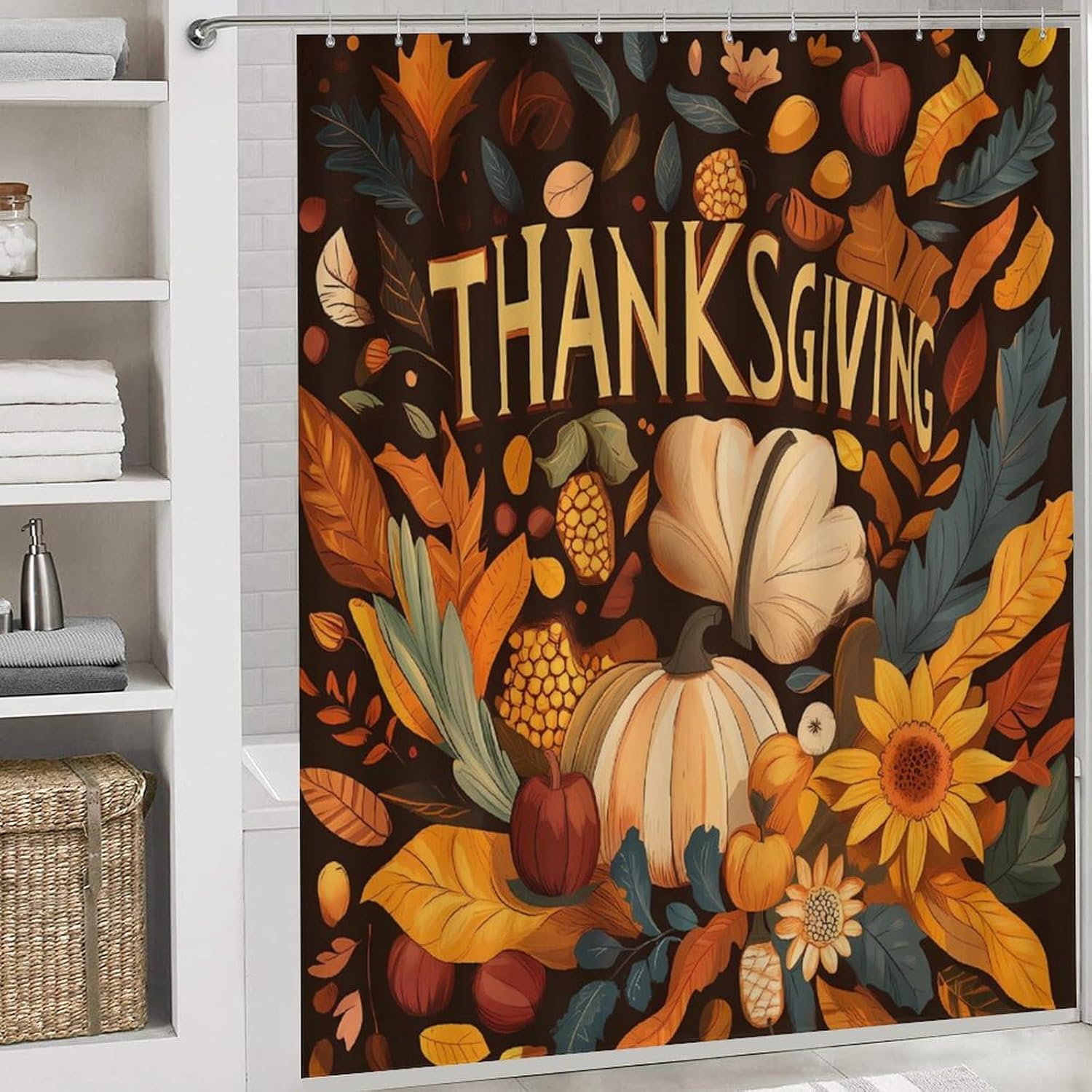 Thanksgiving Fall Farm Pumpkins Modern Bathroom Sets with Shower Curtain and Rugs Decor 4 Pcs with 12 Hooks
