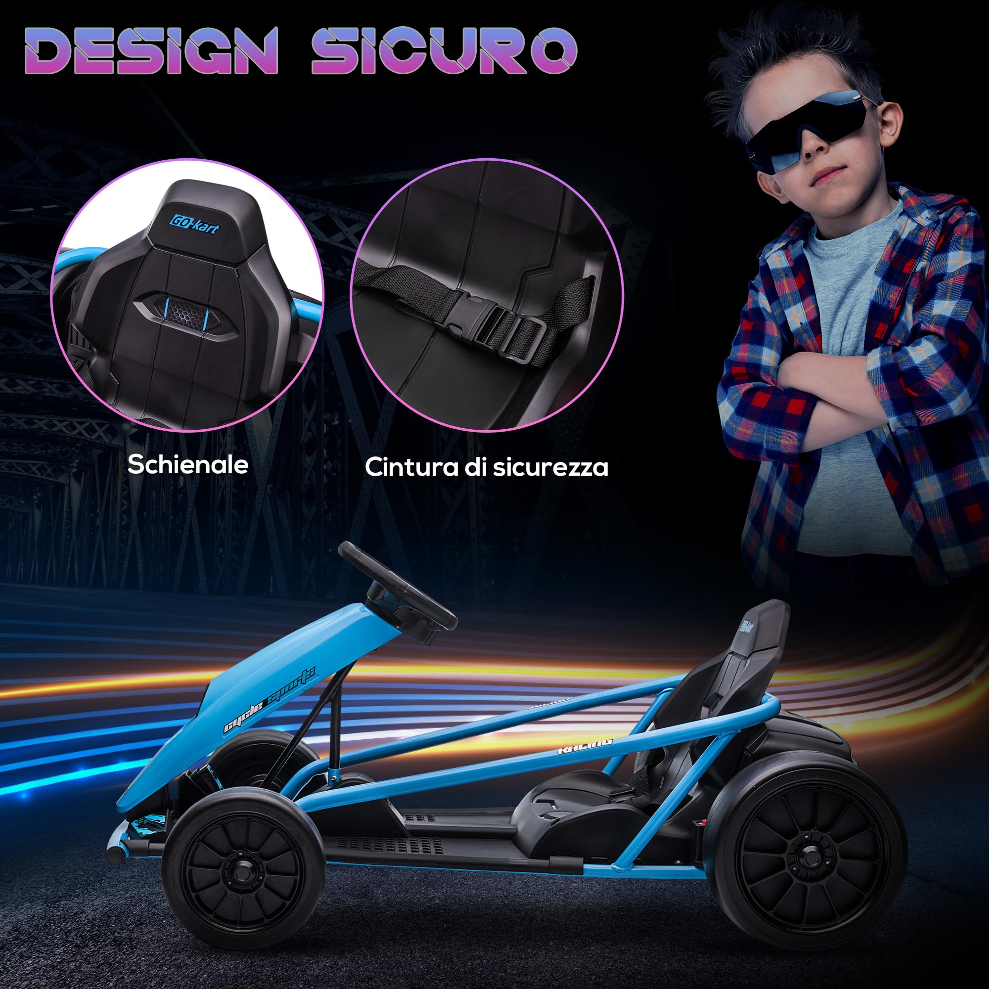 HOMCOM Go Kart Elettrico per Bambini 8-12 Anni 24V 6-13km/h Blu e Nero