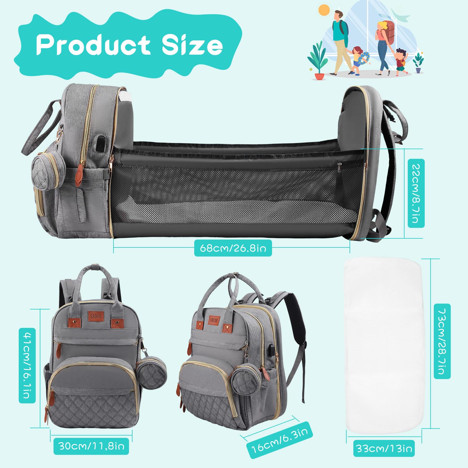 Large Capacity Baby Changing Backpack with with Foldable Cot Bed and Changing Pad & USB Port - Image 2