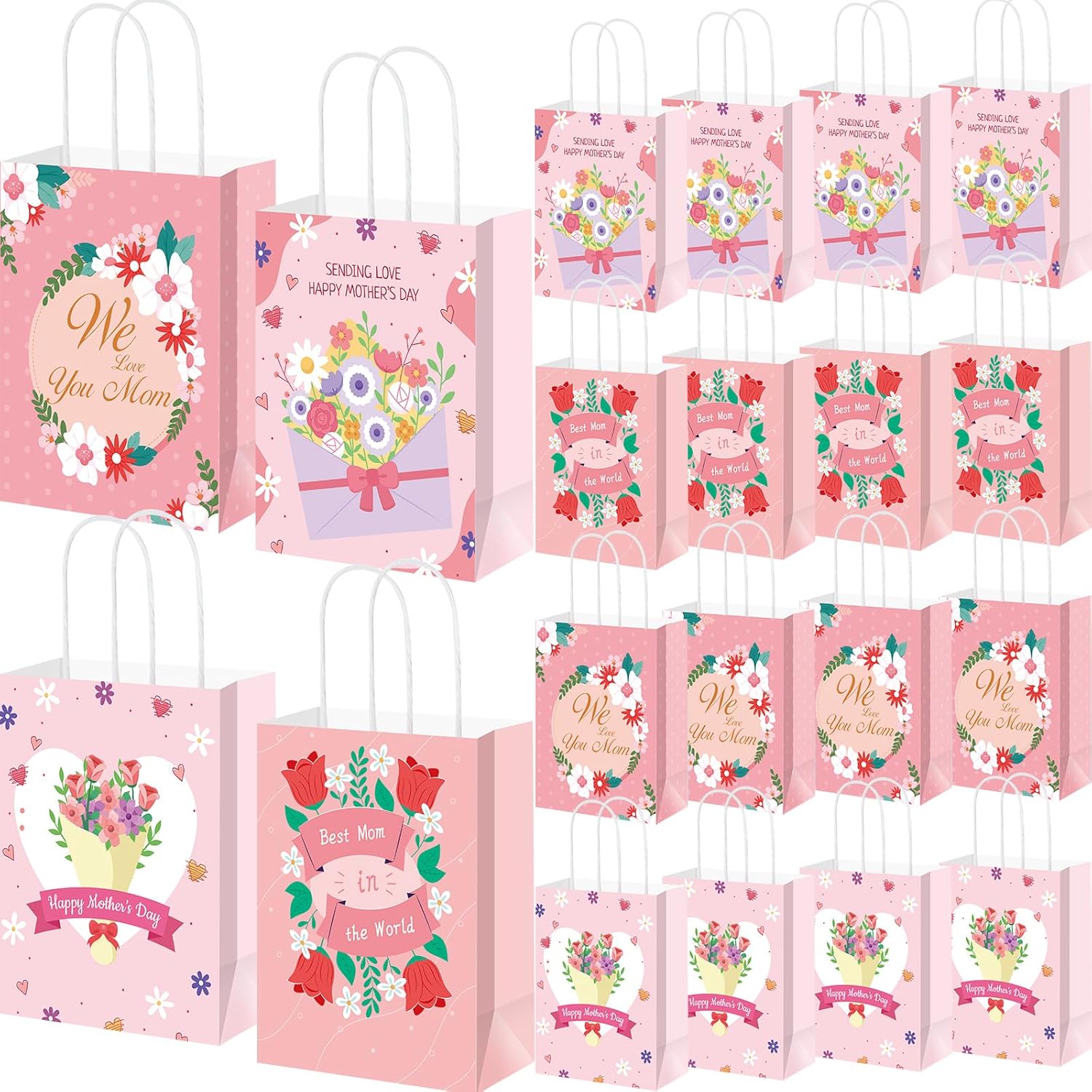 Silkfly 48 Pieces Mother Day Gift Bags Bulk Floral Gift Bags with Handle Happy