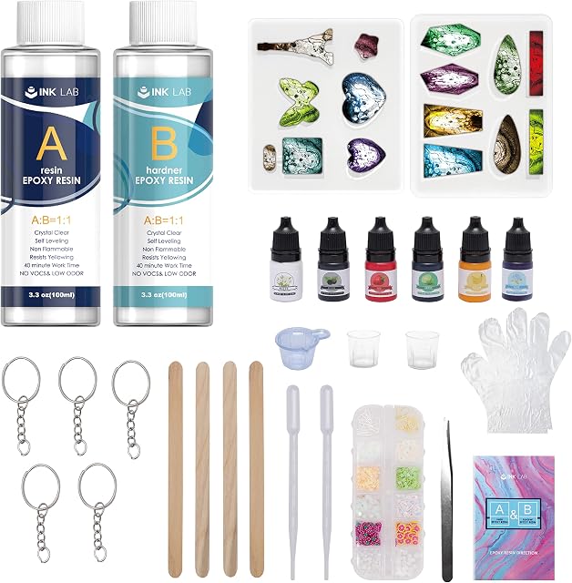 INK LAB Epoxy Resin Kit for Beginners Epoxy Resin Jewellery Making Starter Kit with Silicone Molds Pigments Glitter Accessories Coating and Casting Art Resin for DIY Jewelry Craft