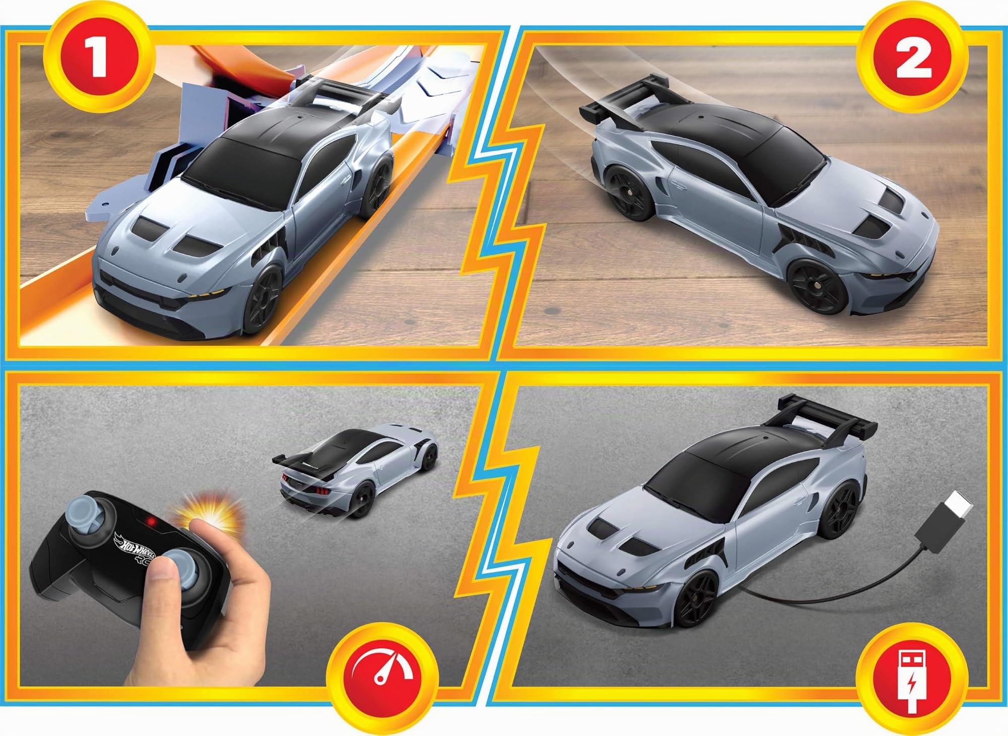 Hot Wheels Voiture Jouet télécommandée, télécommande complète à l'échelle 1:64 Ford Mustang, Bouton Booster pour Course et Cascade sur ou Hors Piste, Recharge avec câble USB