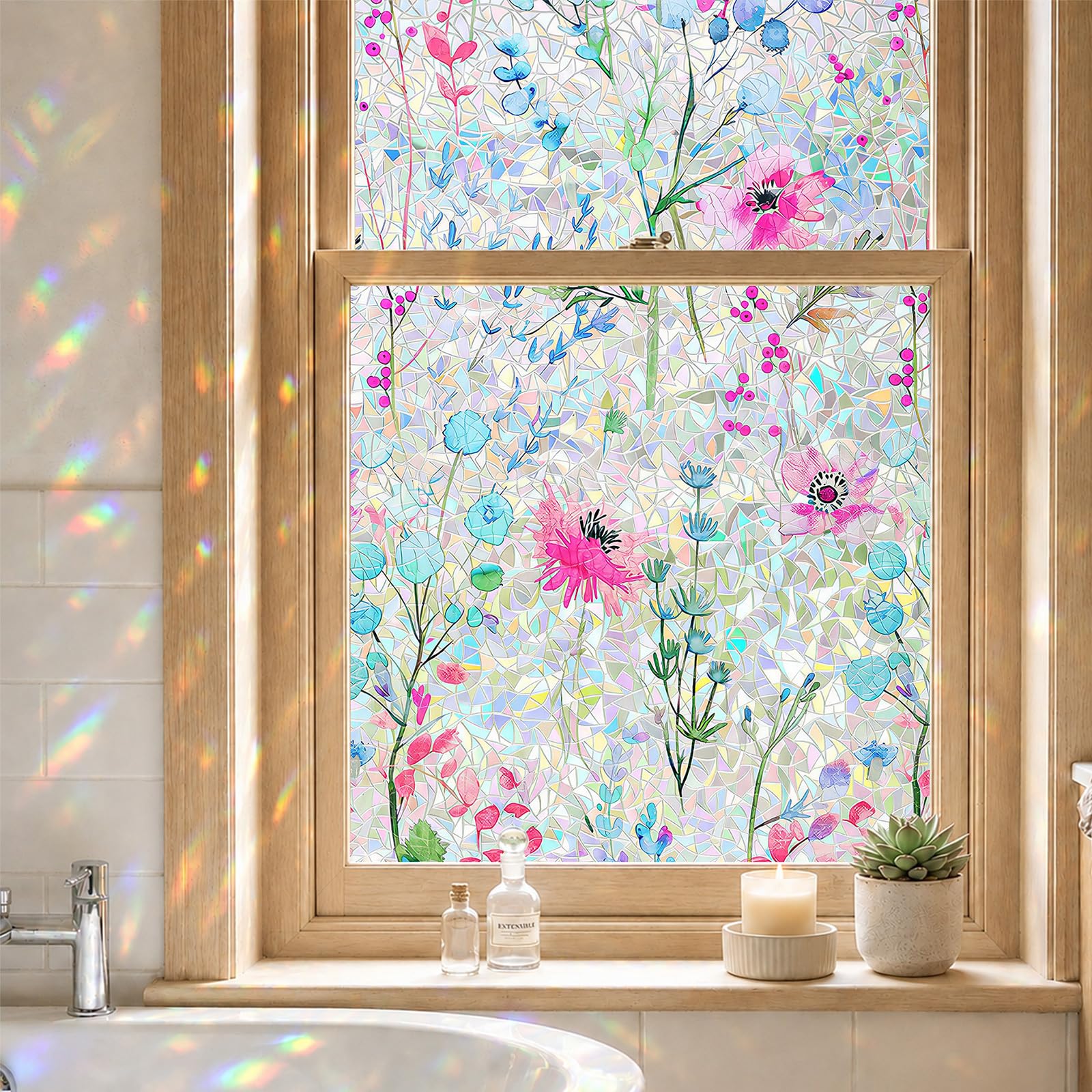 Stained Glass Window Film Privacy for Glass Windows, Window Film Privacy Vinyl Frosted No-Glue Static Cling for Home Kitchen Office, Flower Path Whispering in the Wind 44X200CM