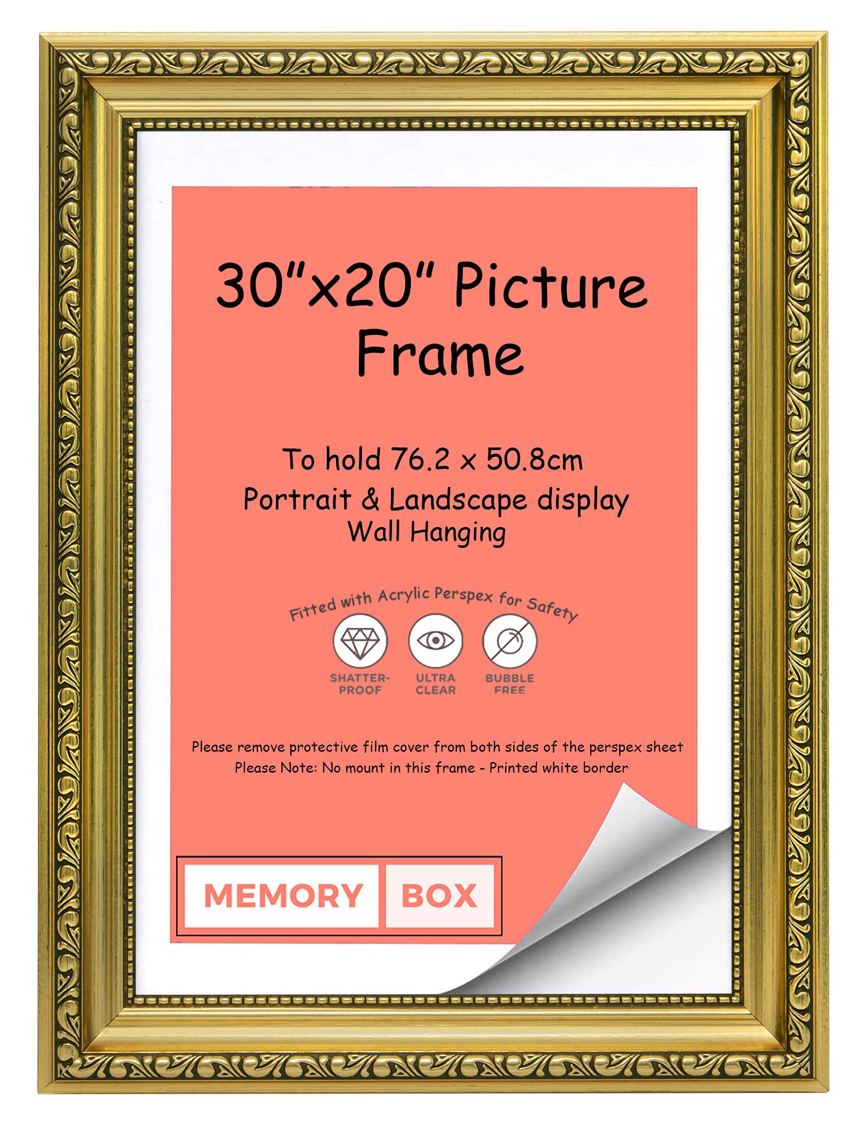Memory Box Ornate Shabby Chic Picture/Photo/Poster frame with Perspex Sheet - (76.2 x 50.8cm) Gold 30" x 20"