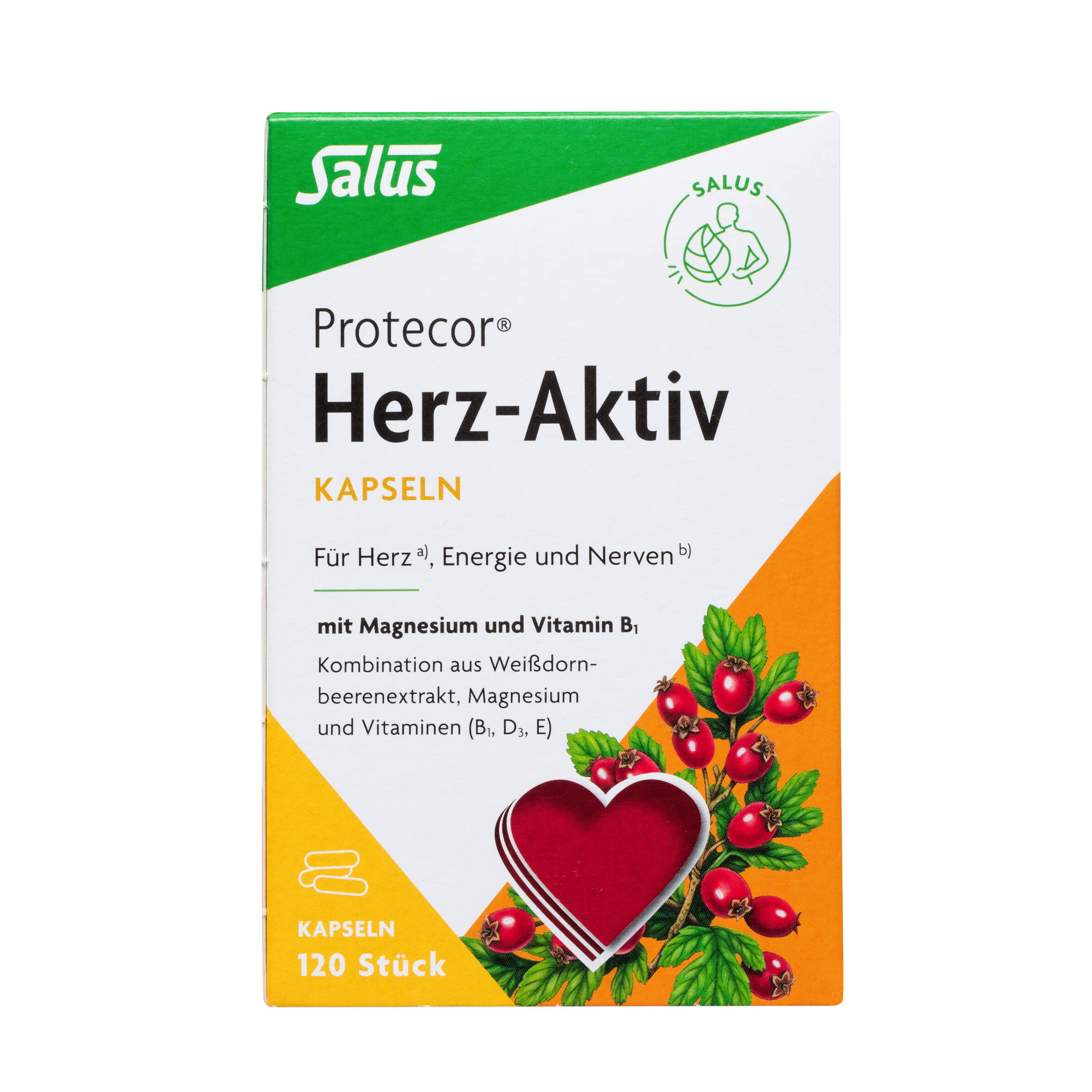 Salus Protecor Herz-Aktiv - 1x 120 Kapseln (180 g) - Nahrungsergänzungsmittel mit Vitamin B1 und Magnesium - zur Unterstützung der Herz und Muskelfunktion - Vitamin E und D3 plus Weißdornbeerenextrakt