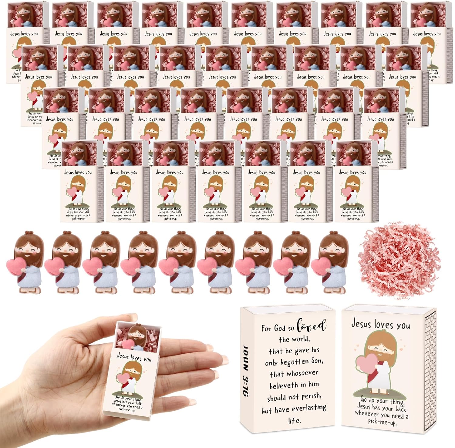 Wettarn Little Jesus Loves You Figures Easter Gifts Bulk, Mini Pocket Jesus Figurines with Match Storage Box for Church Members Christian Religious Baptism Gift(120 Sets)