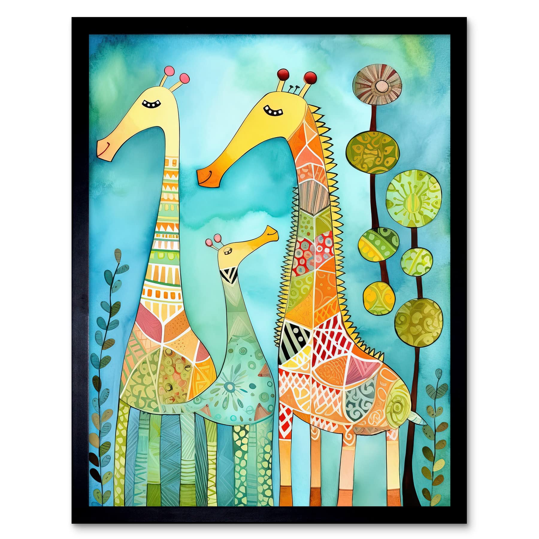 Artery8 Kids Folk Art Giraffes Print W12" x H16" Black Framed