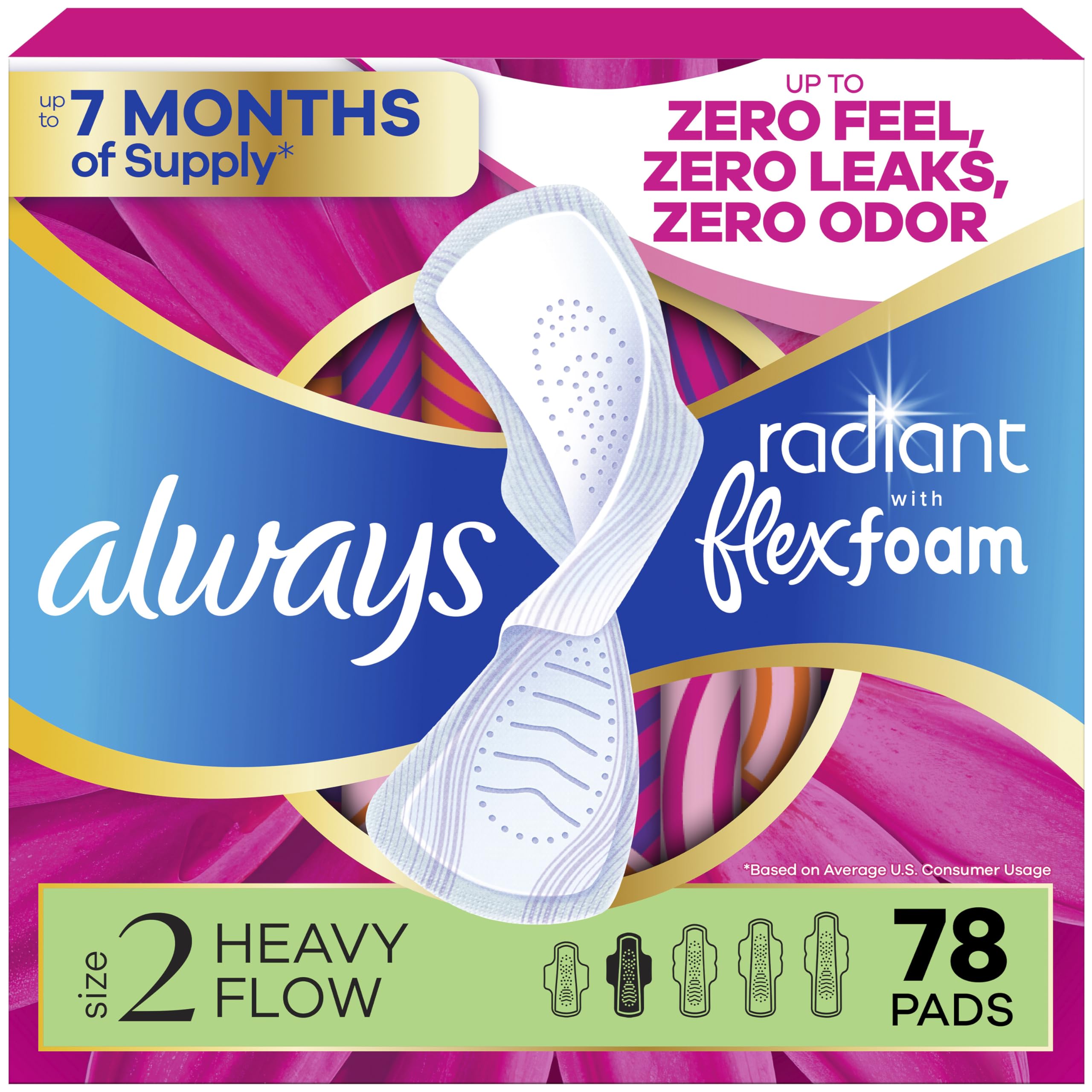 Always Radiant Feminine Pads for Women, Flexfoam Pads with Wings, Size 2, Heavy Absorbency, Lightly Scented, 78 Count (3 Packs of 26)