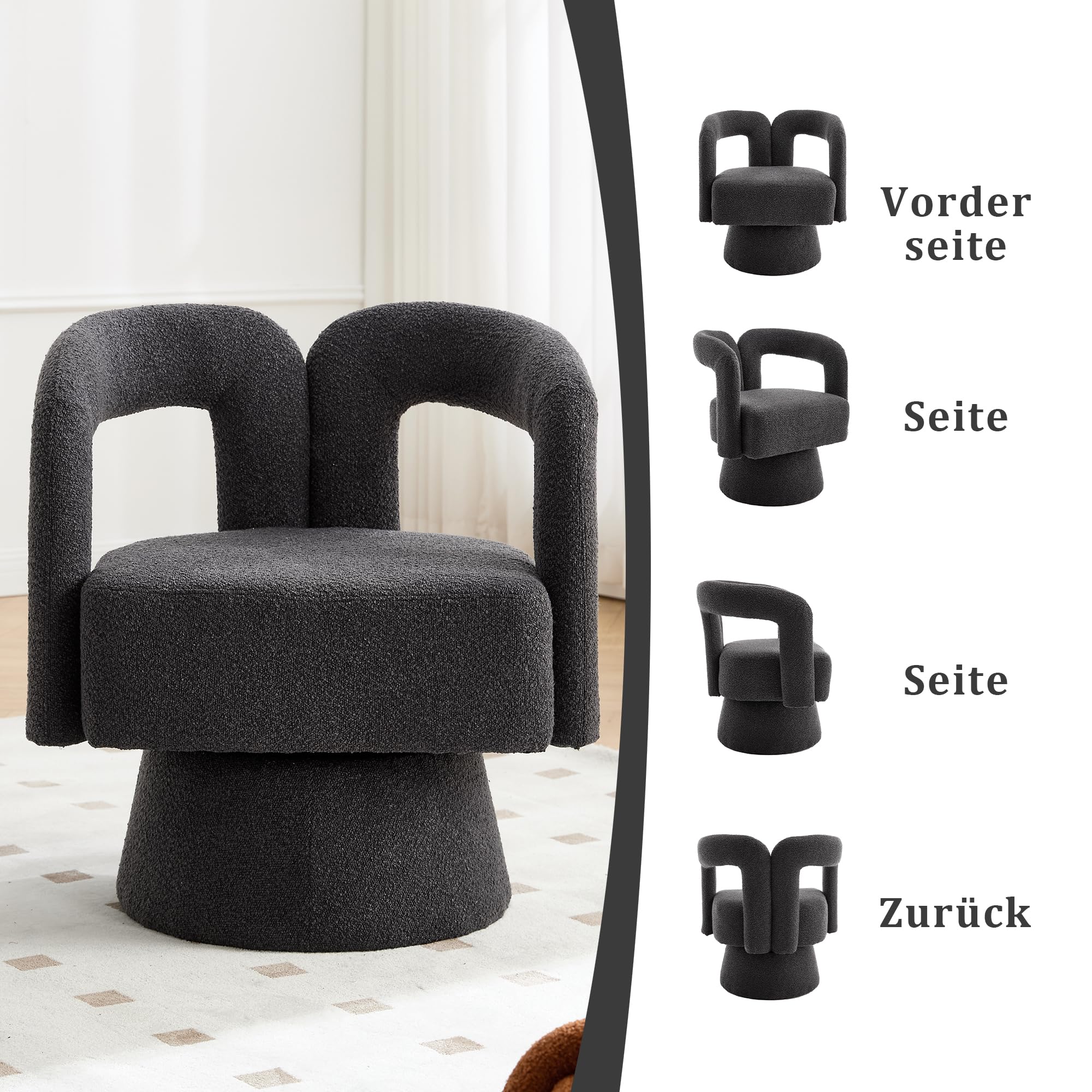 360 Grad Drehbare Kuschelfass-Akzentstühle, runde Sessel mit breiter Polsterung, Flauschiger Stoffsessel für Wohnzimmer, Schlafzimmer, Büro, Warteräume, Dunkelgrau