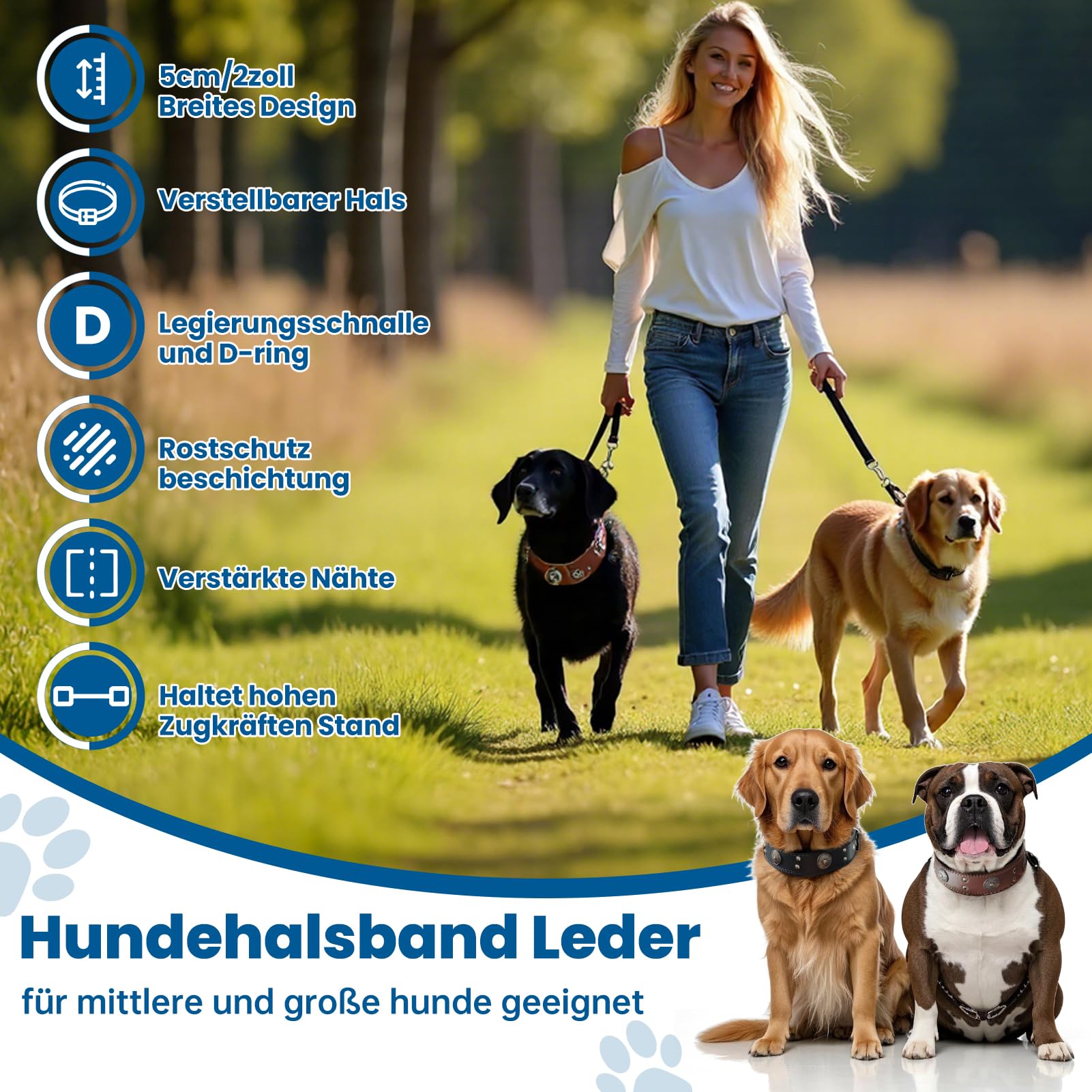 Lederhalsband Hund, 5cm Hundehalsband Leder Breit Robustes Echtes, Handgefertigt, Einstellbar Hunde Halsbänder Mit Metallschnalle, Halsband Hund Breit Für Große Und Mittelgroße Hunderassen L