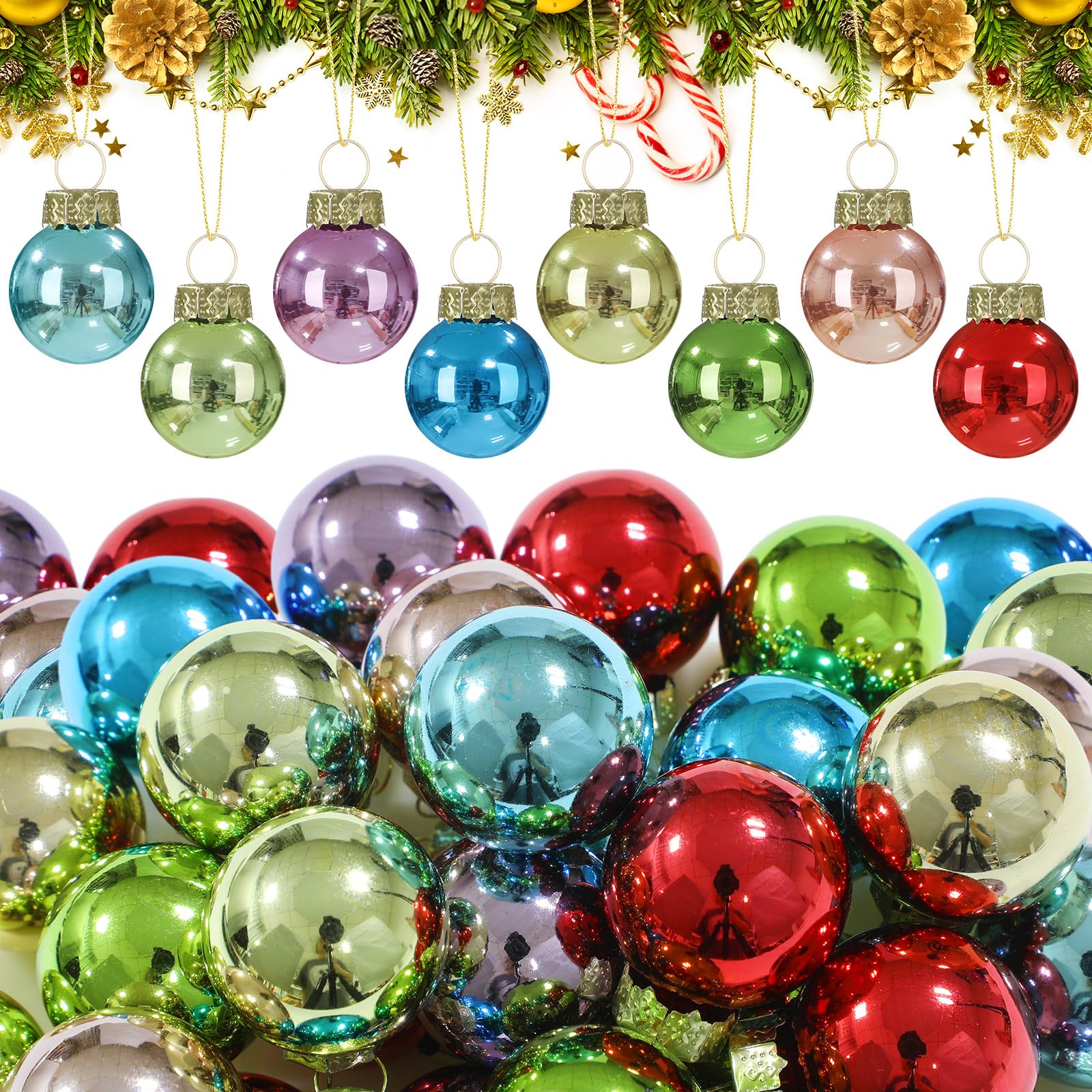 Tioncy 32 Pcs 1'' Mini Glass Christmas Ornament, Small Macaron Color Balls