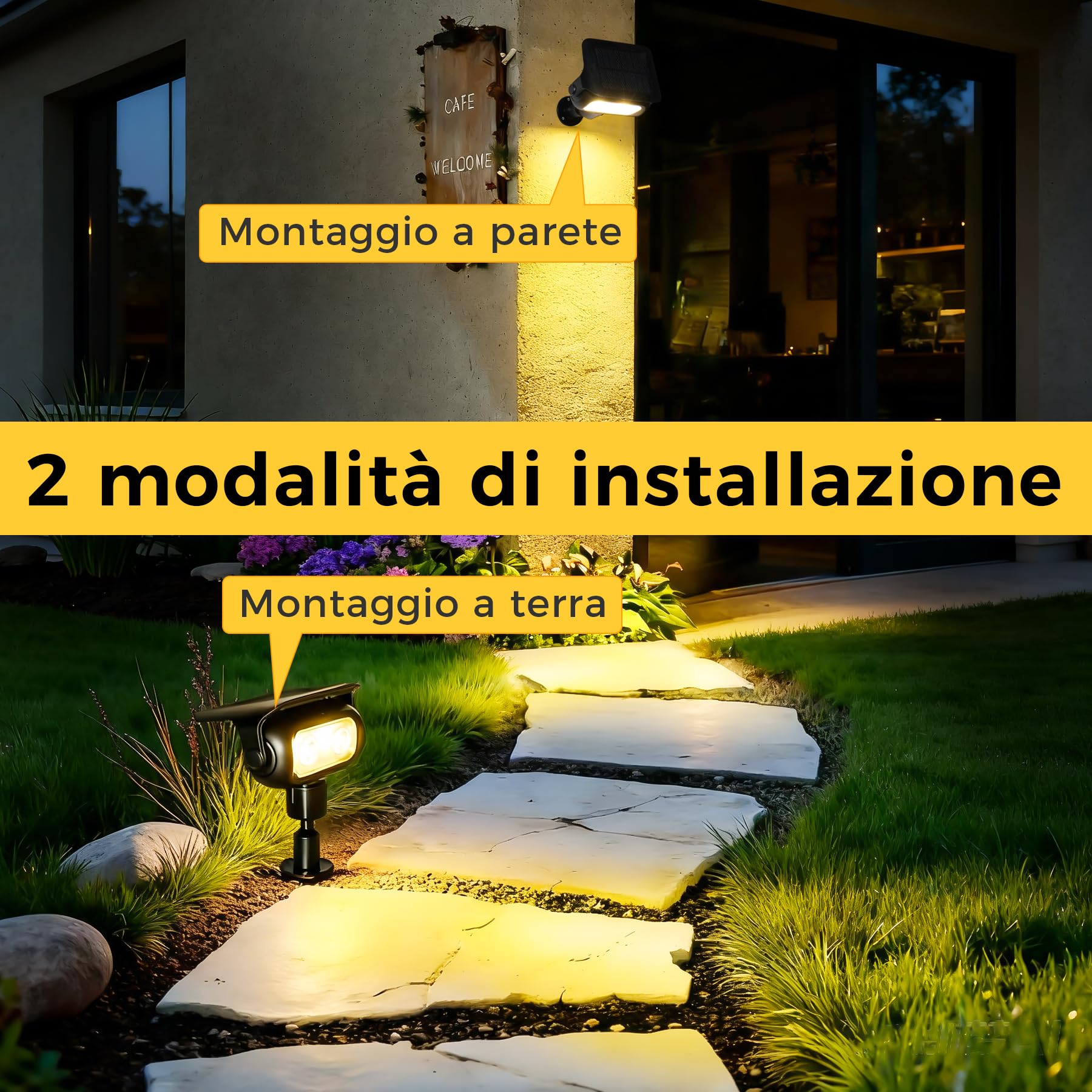 Faretti Solari LED da Giardino, 2 Pezzi, 200 lm 3000K Luce Calda con Sensore Crepuscolare, IP65 Impermeabili Lampada Solare con Picchetto per Esterno,Giardino, Prato e Vialetti