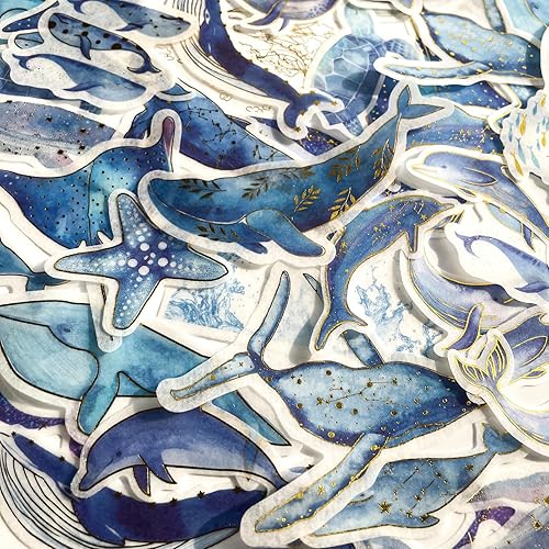 Miniatura 2 de Yoksas 60 calcomanías Washi de fantasía de ballena azul, océano y fantasía, bronceado, vida marina, delfín, tortuga, álbum de recortes, manualidades