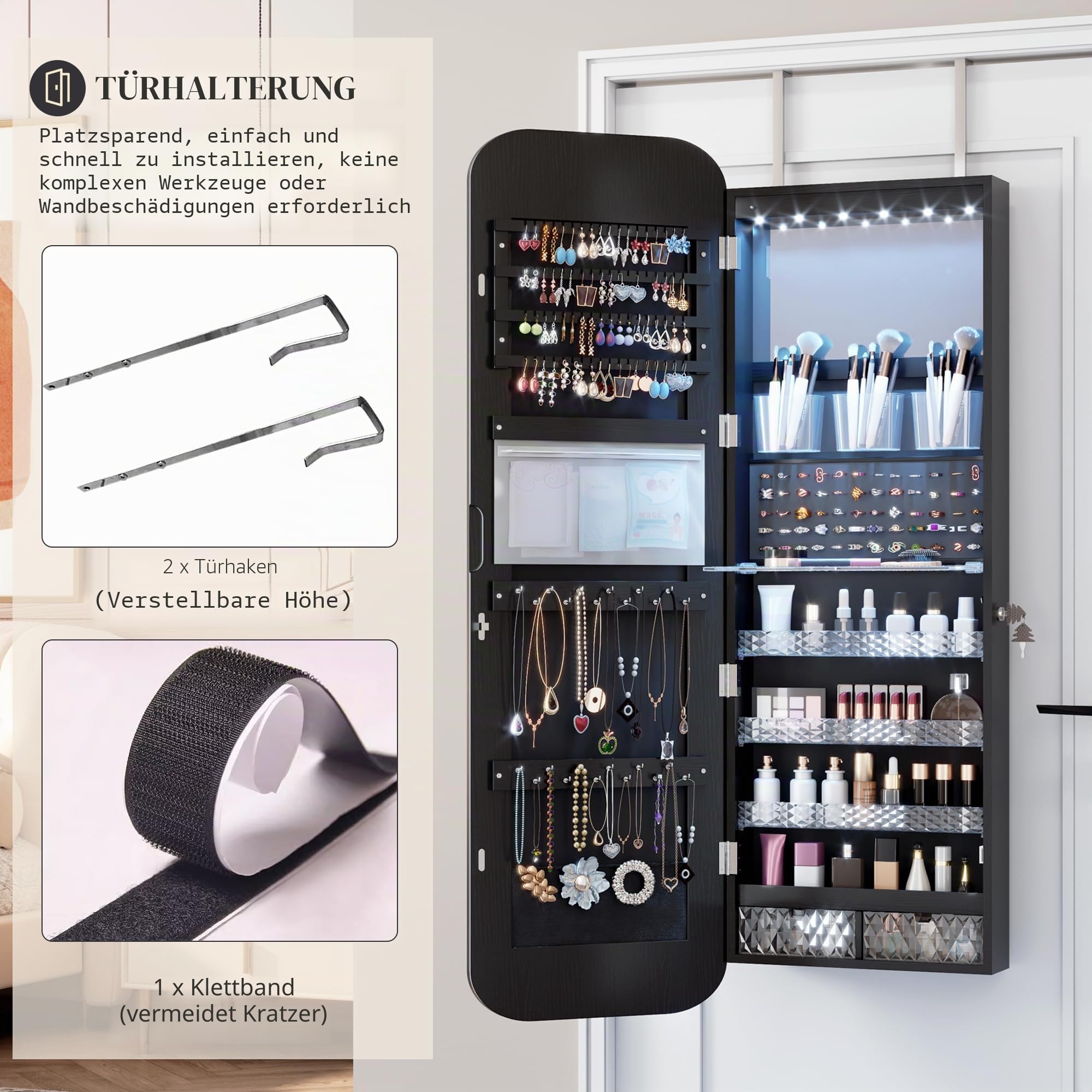 Vlsrka LED Ovaler Schmuckschrank Hängend, Türspiegel/Wandspiegel Schmuckschränk, Schmuckschrank mit Spiegel & Beleuchtung, Schmuckspielgelschrank Holz Abschließbarer, Gewölbter Spiegelschrank, Schwarz