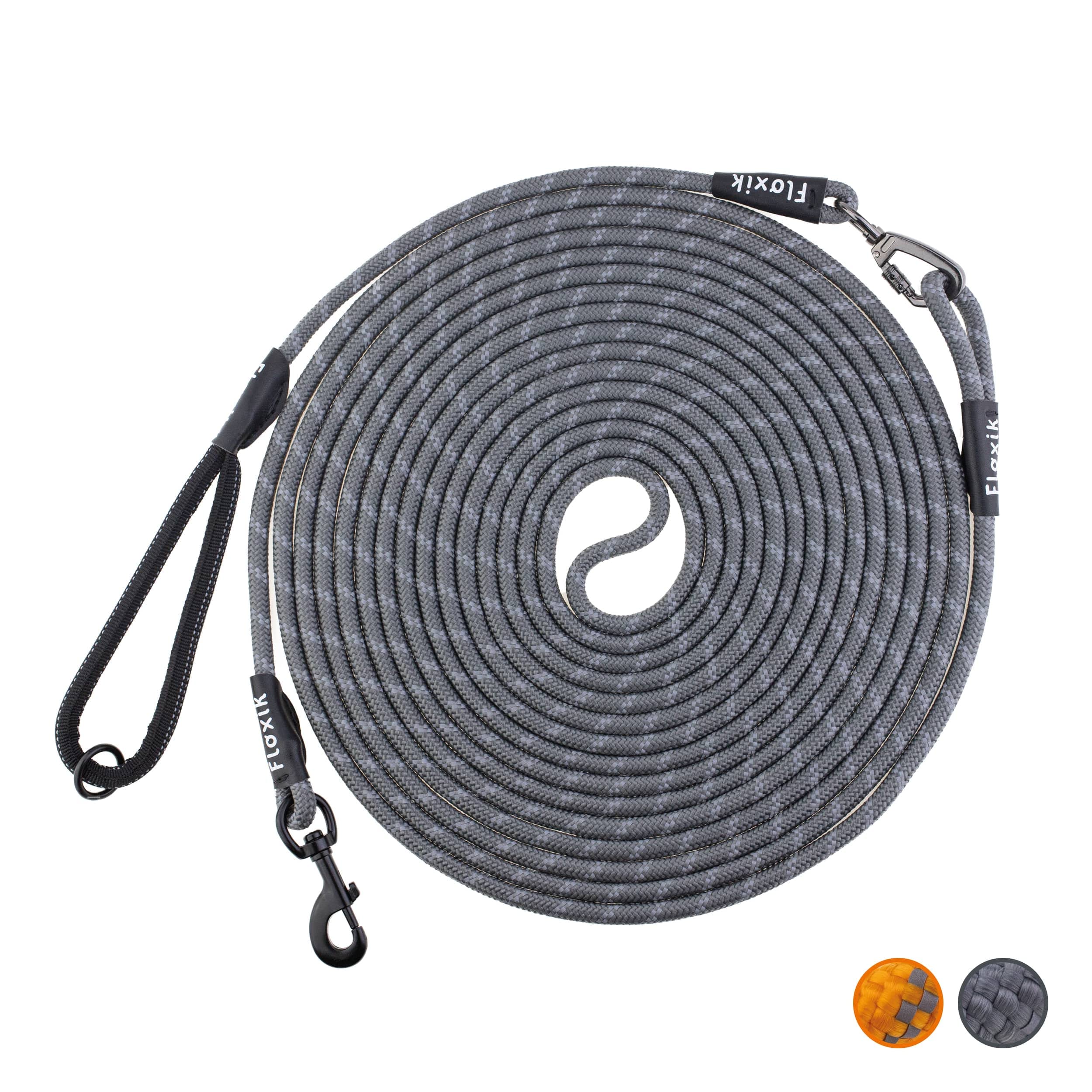 Floxik Correa de arrastre para perros | 5 m, 10 m, 15 m, 20 m gris, correa reflectante con correa de mano extraíble, también ideal como correa de entrenamiento para cachorros