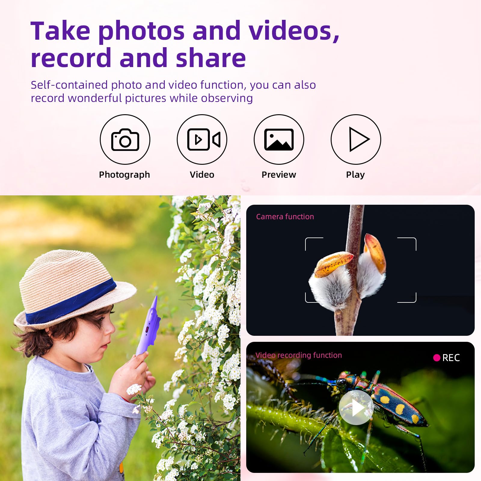 Daxiongmao Microscope portatif pour Enfants, Microscope de Poche Portable 500X pour Enfants, Cadeaux d'anniversaire de Noël pour 3 4 5 6 7 8 Filles et garçons (Violet)