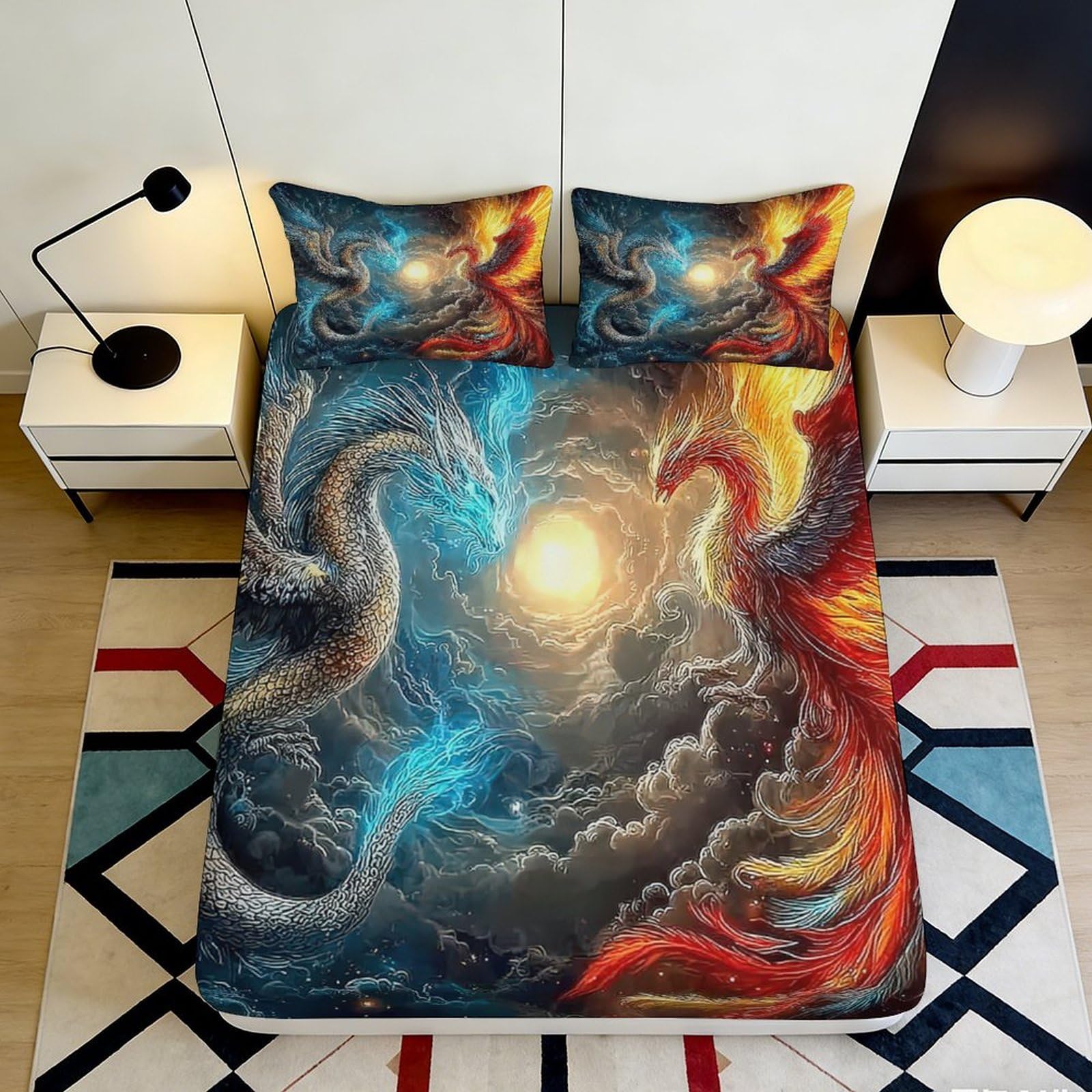 Pnayamiorkfel Style-4 3D Printed Dragon And Phoenix Fitted Sheet Microfiber Soft Artistic Flame Cloud Bed Cover For Bedroom Guest Room Decor 90X200x25cm