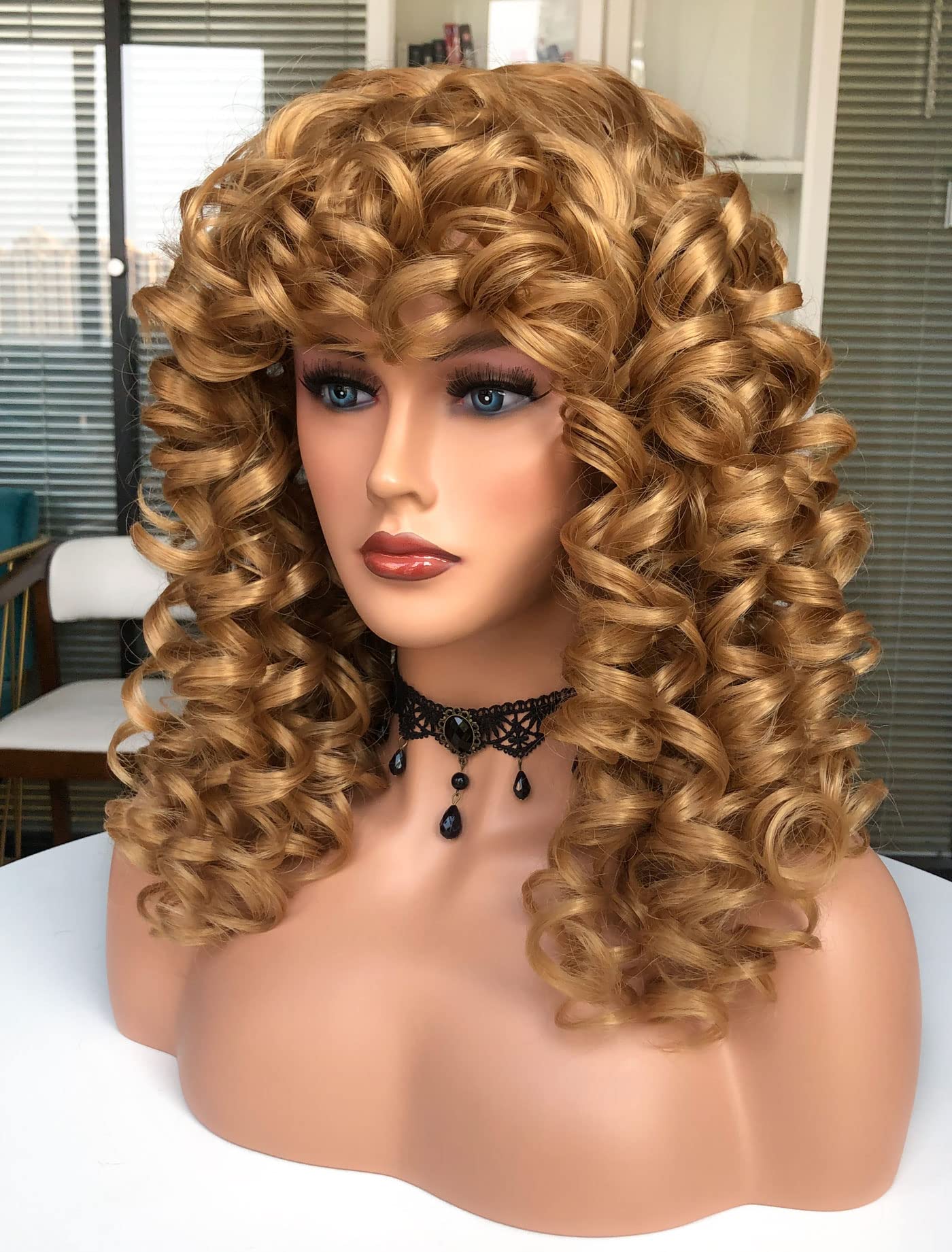 CoCrowns Curly Wig with Bangs for Black Women Long curly Shag Synthetic Hair Wigs Daily Use Cosplay 17 Inch (Blonde) - Image 4