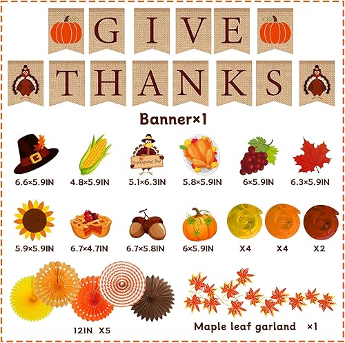 Miniatura 4 de Decoraciones de Acción de Gracias, pancarta de agradecimiento y calabaza, pavo, remolinos colgantes, guirnalda de hojas de arce, decoración temática