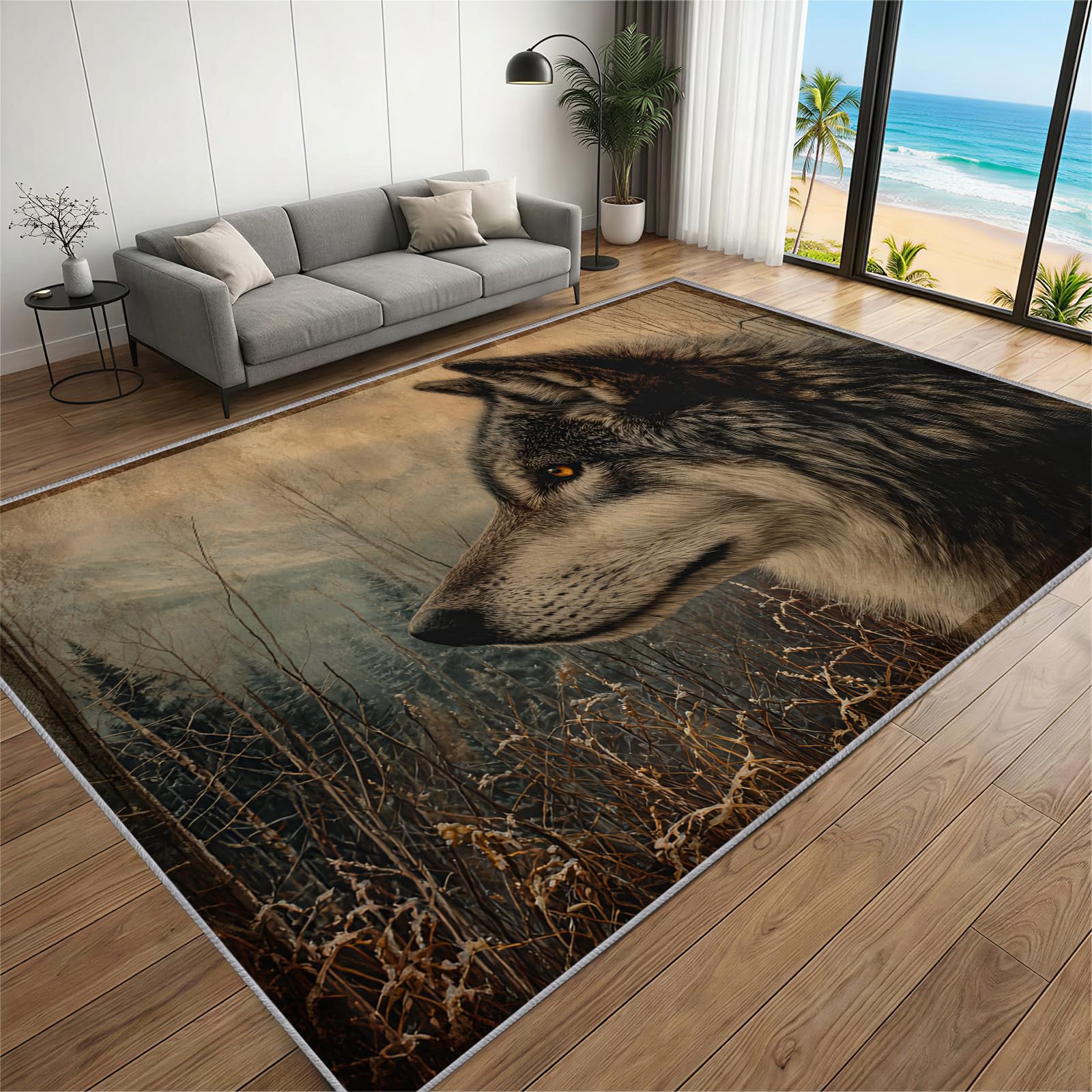 BEQUTIY Timber Wolf Carpet 150 x 240 cm, Forest Nature Animal Print Area Rugs, Unique Wildlife Lovers Gift Carpet for Stain-Resistant Mat Non Slip Rugs, for Game Room Bedroom Office
