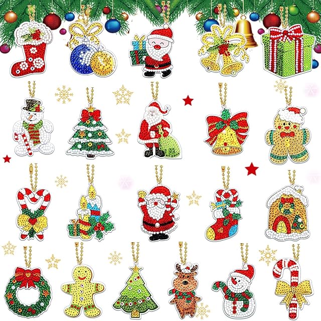YICHEN 21 Pcs Christmas Diamond Painting Keychains Xmas Tree Snowman 5D Single Side Full Drill Rhinestone Keyrings Kits Mosaic Making Decorative Kits Arts Craft DIY Key Chain for Phone Charm Bag Decor