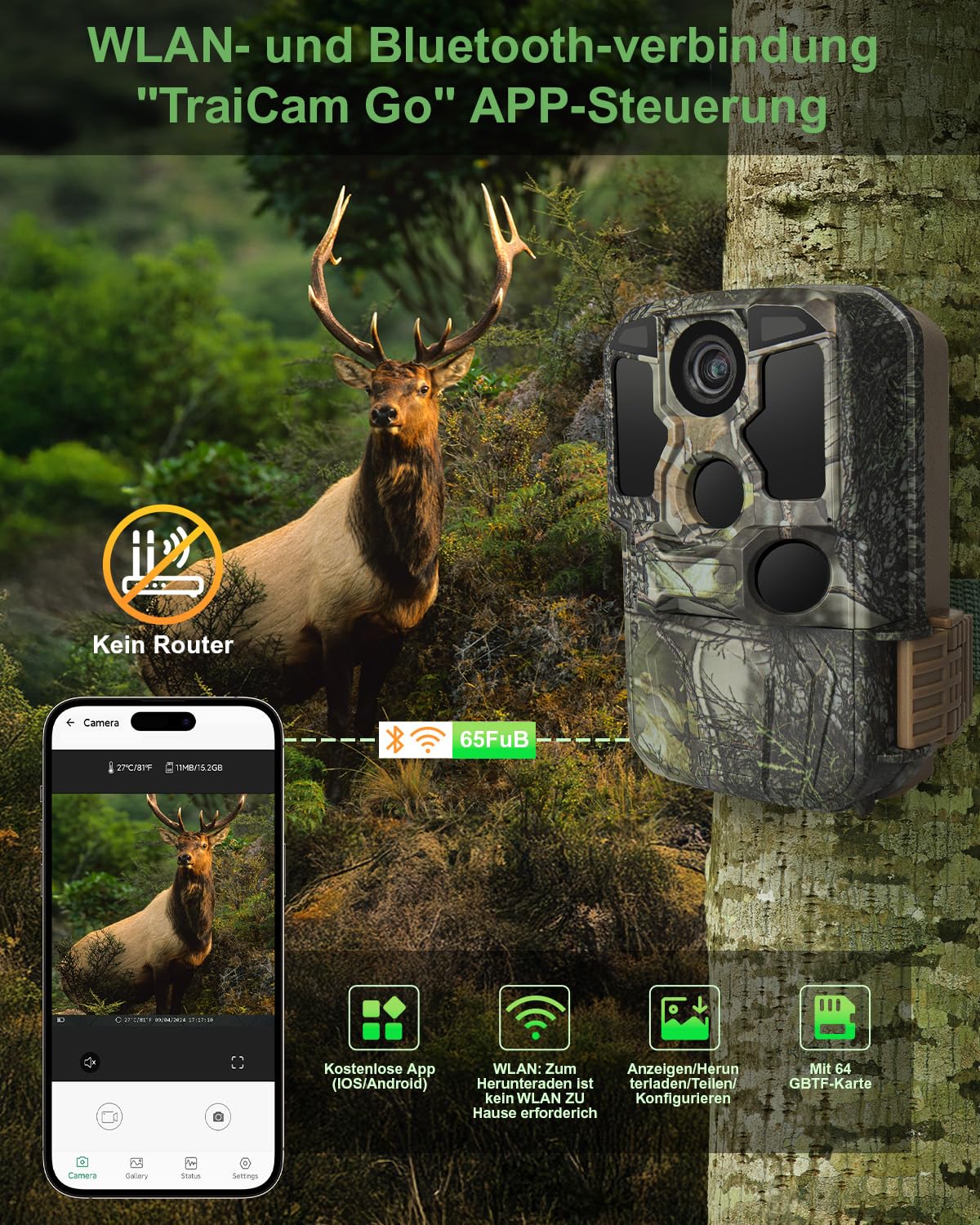 KJK 4K 84MP Wildkamera mit Handyübertragung APP, WLAN Bluetooth Wildkamera mit Bewegungsmelder Nachtsicht, 64GB SD Karte und 8*AA-Batterien, 130 °Weitwinkel Wildtierkamera, IP67 Wasserdicht