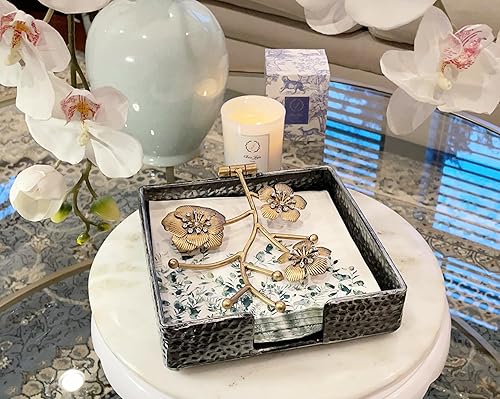 Miniatura 3 de Chez Juju Servilletero cuadrado plano plateado con flores de orquídeas doradas y cristales sintéticos  Brazo pesado con bisagras de metal con