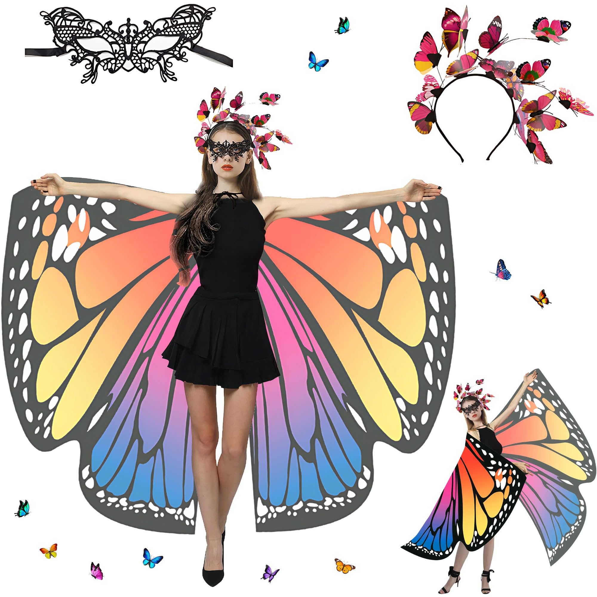 Sundonix Chiffon Fasching Schmetterling Umhang für Damen - Farbenfrohes Karneval Kostüm Damen, Ideal für Karneval, Fasching und Cosplay