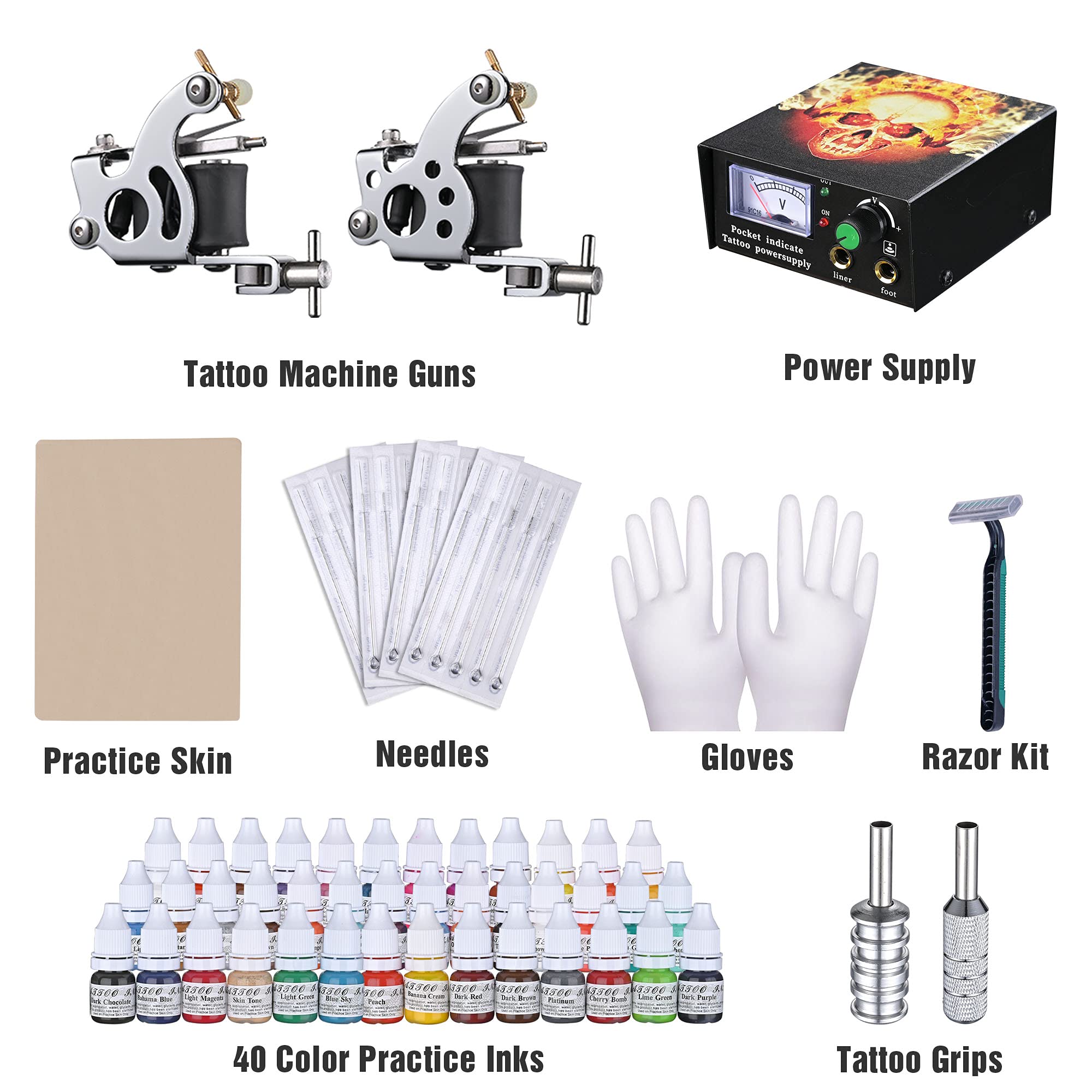 AW Power Supply 10 Wraps Gun Needle Grip Tip Foot Switch Complete Tattoo Kit 2 Machine 40 Inks