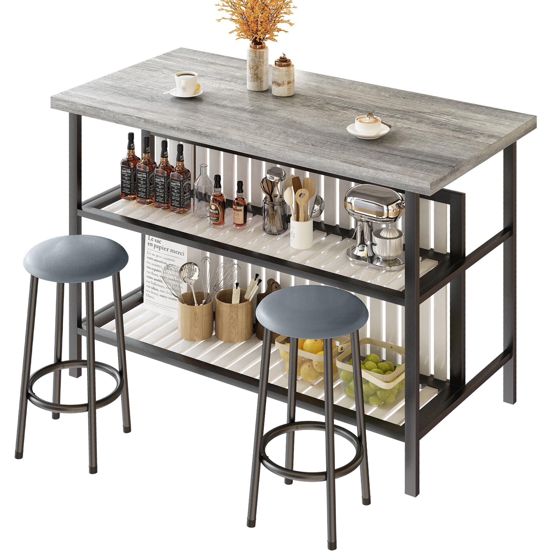 AWQM Kitchen Island with Seating & Storage Shelf, Modern Bar Table and Chairs Set for 2, Wooden Island Table for Kitchen, Dining Table Set for Small Space, Grey