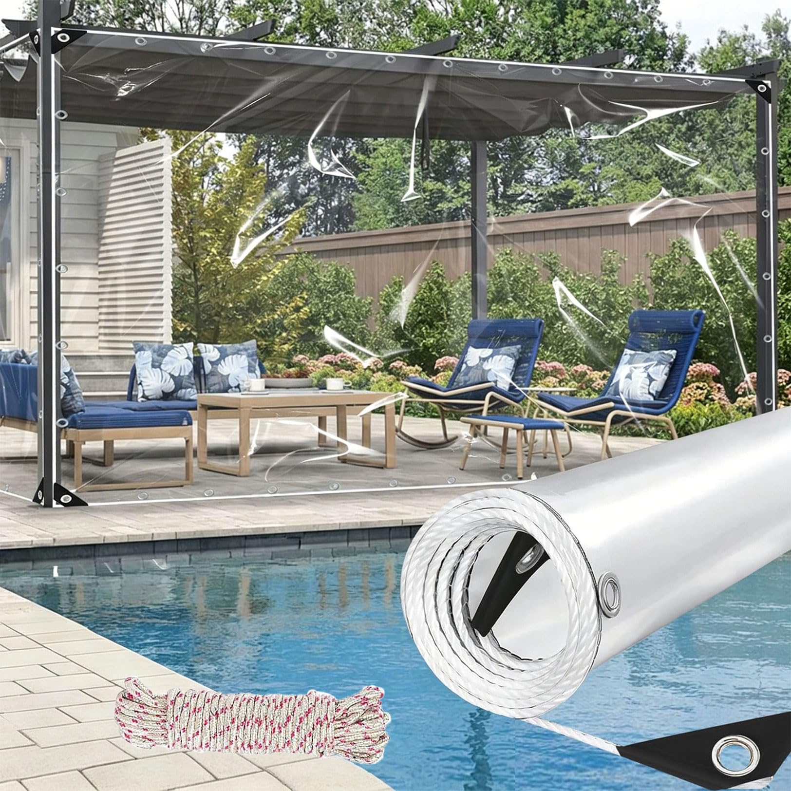 Clear Tarpaulin Heavy Duty Waterproof, 6X10M Clear Tarp Outdoor Cover, Transparent Tarpaulin with Eyelets, PVC Tarp for Garden, Caravan, Camping, DIY