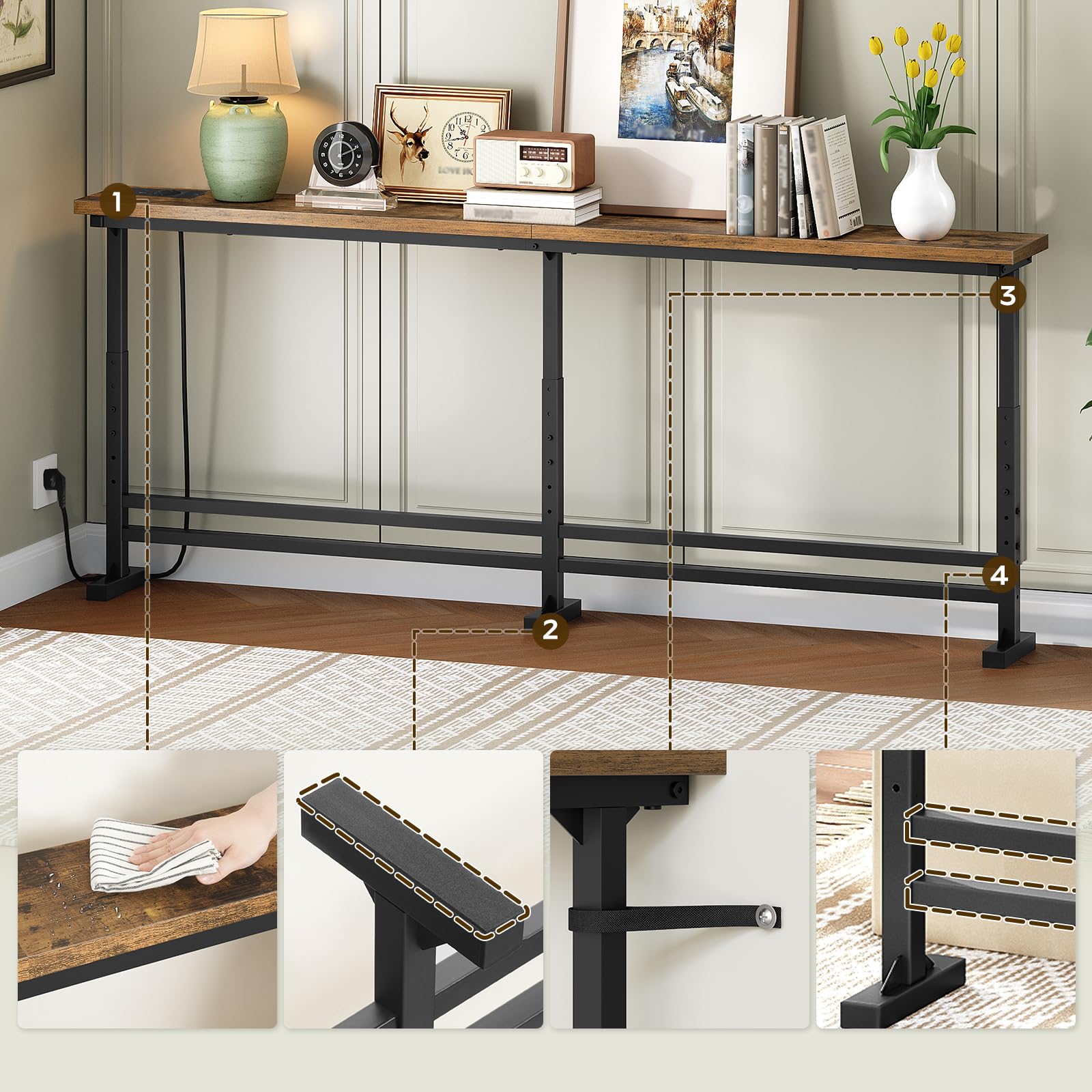 YATINEY Table Console Longue de 180cm, avec Multiprise, Bout de Canapé Fin, Table de Canapé Étroite et Longue, avec 1 Prise CA, 1 Port USB, 1 Port USB-C, pour Salon, Marron Rustique et Noir, XCT08CBR
