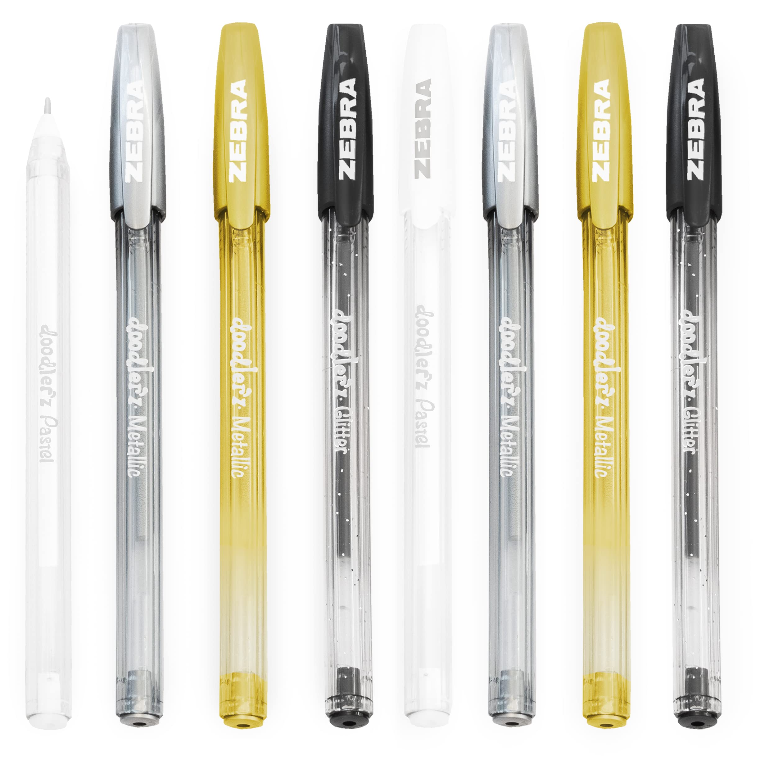 Zebra Doodler'z Stick Ballpoint Pen - 1.0mm - Glitter/Metallic/Pastel - Black, Gold, Silver, White - Pack of 8