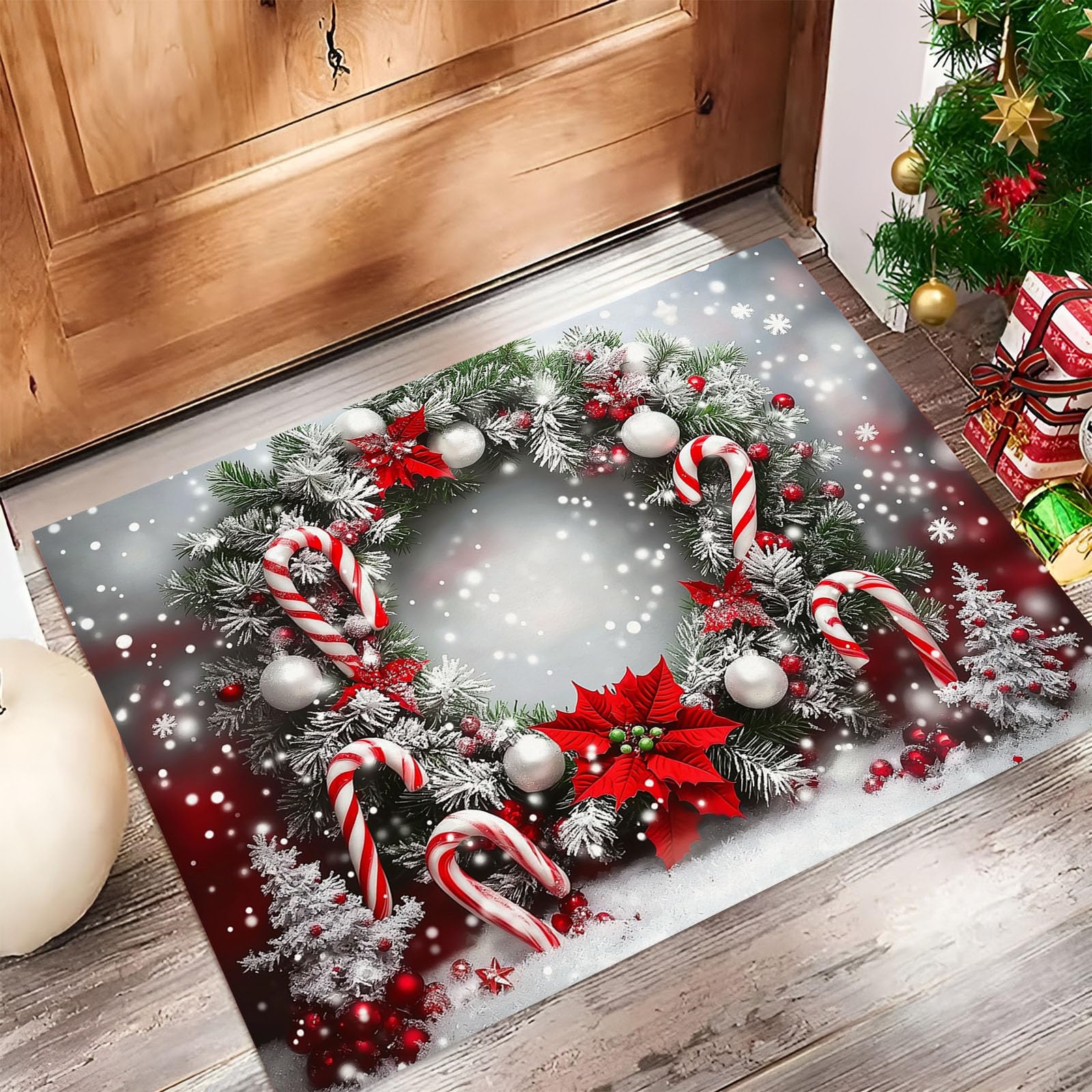 Tapis d'entrée intérieur 90x150 cm gris-vert imprimé couronnes et cannes de Noël