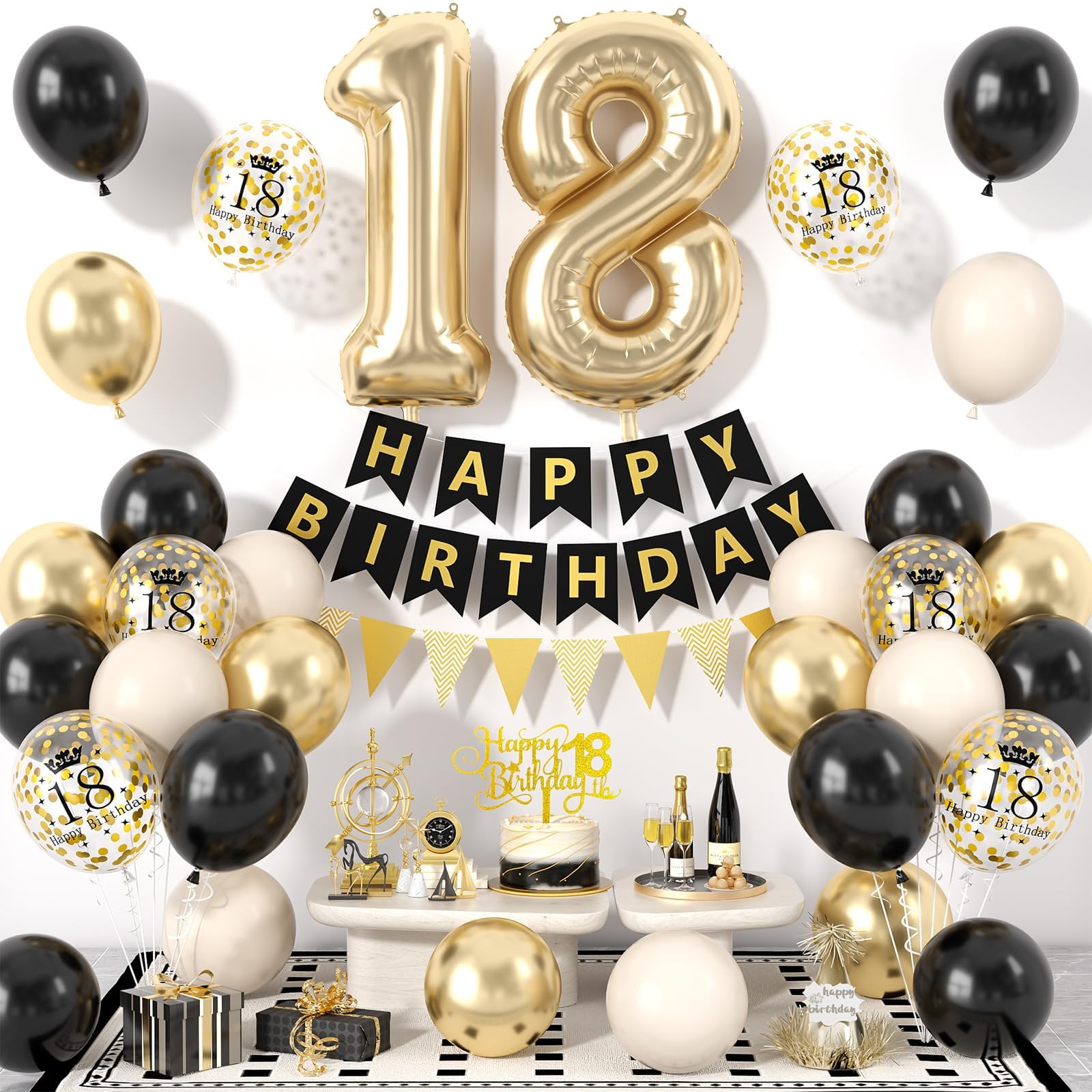 18th Birthday Decorations Black Gold for Boys,Happy Birthday Banner with Cake Toppers,Confetti Balloons,Number 18 Balloons for 18 Years Old Party