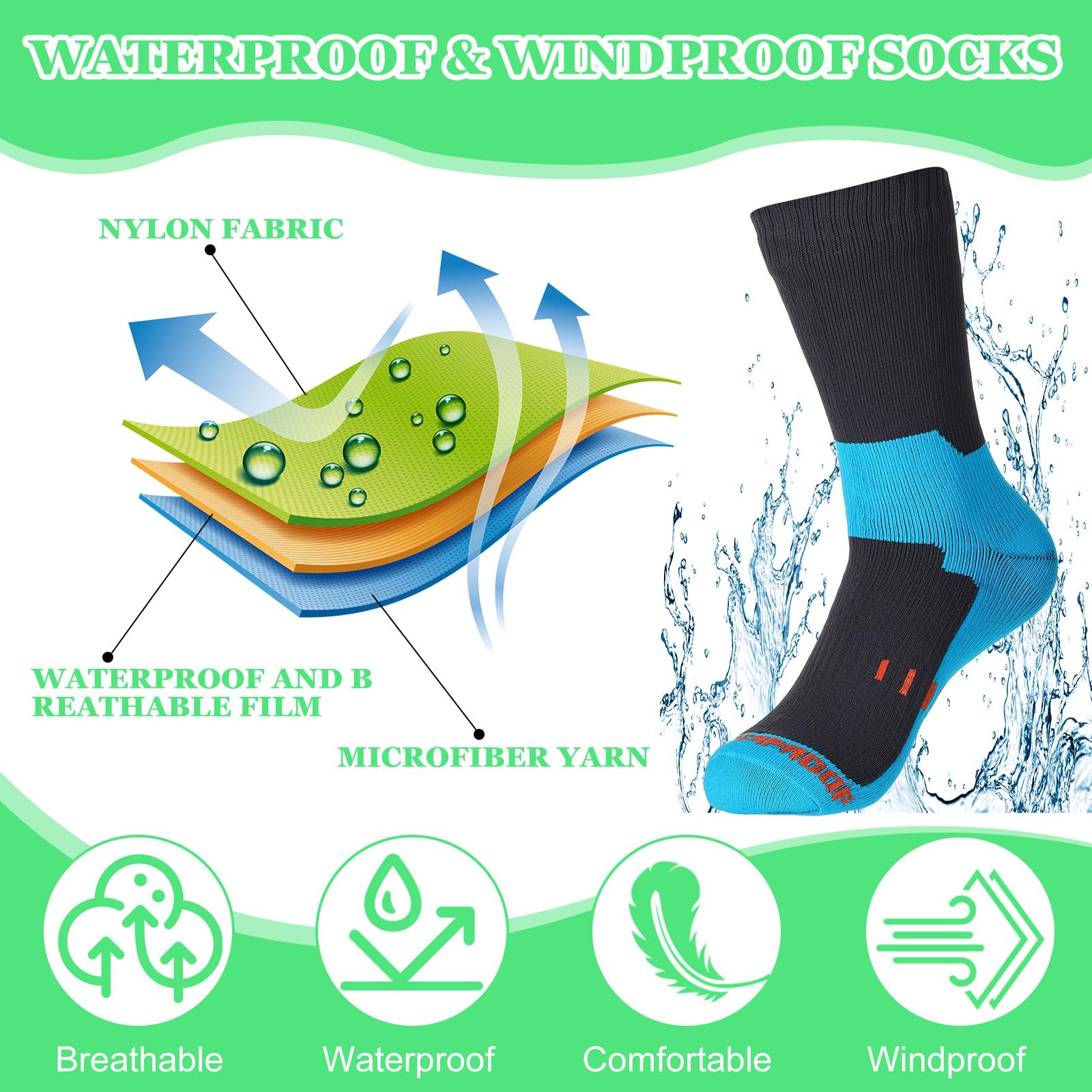 Jiuguva 4 pares de calcetines impermeables para hombre, transpirables, para senderismo, vadeo, ciclismo, vadeo, correr, calcetines