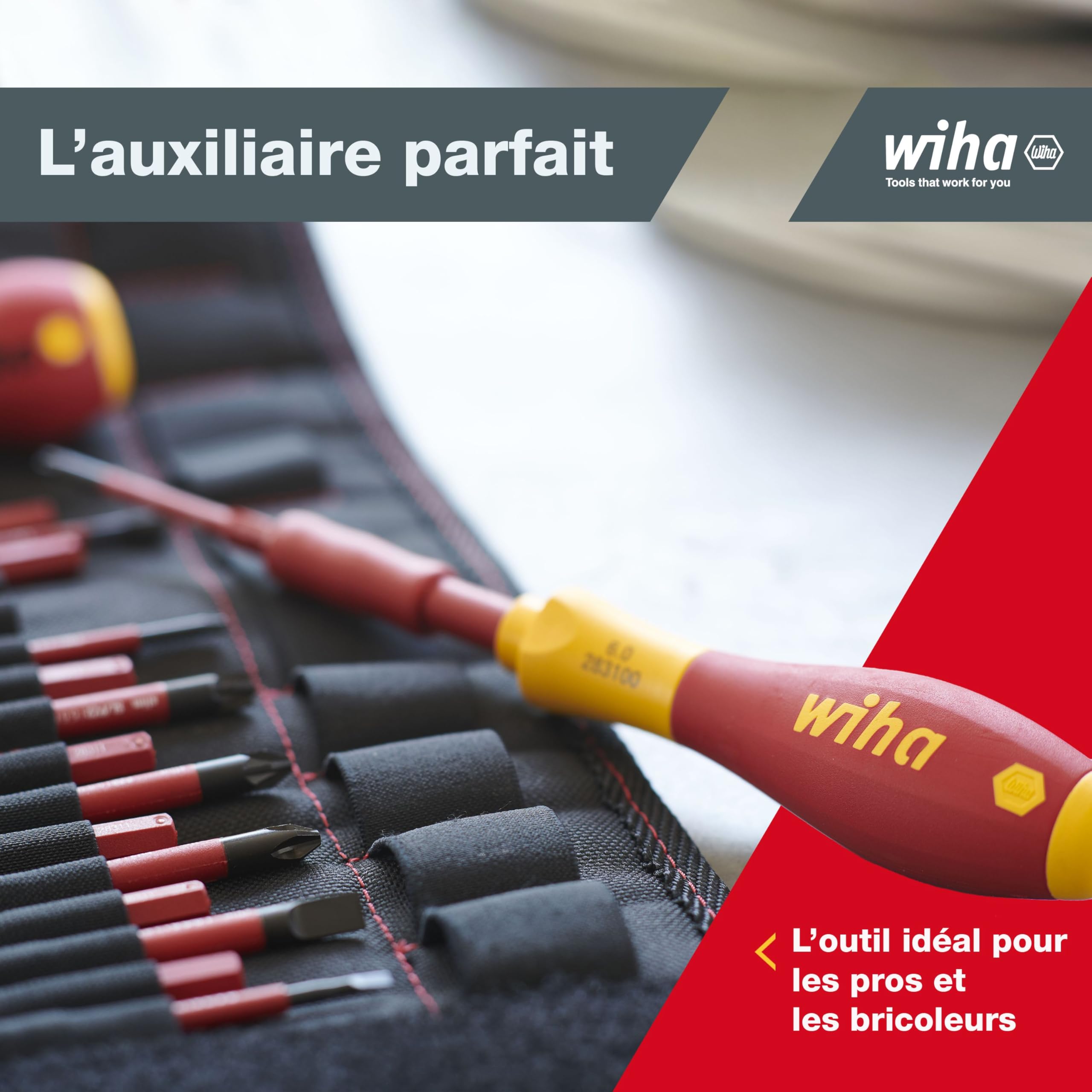 Wiha Jeu de tournevis et d'embouts slimVario isolés (41231) lot de 19 pcs avec trousse pliable | Fente ou plat cruciforme PH PlusMinus TORX six pans | (41231) Screwdriver handle I VDE stubby I VDE bits for electricians I slotted/Phillips/PlusMinus/TORX/he
