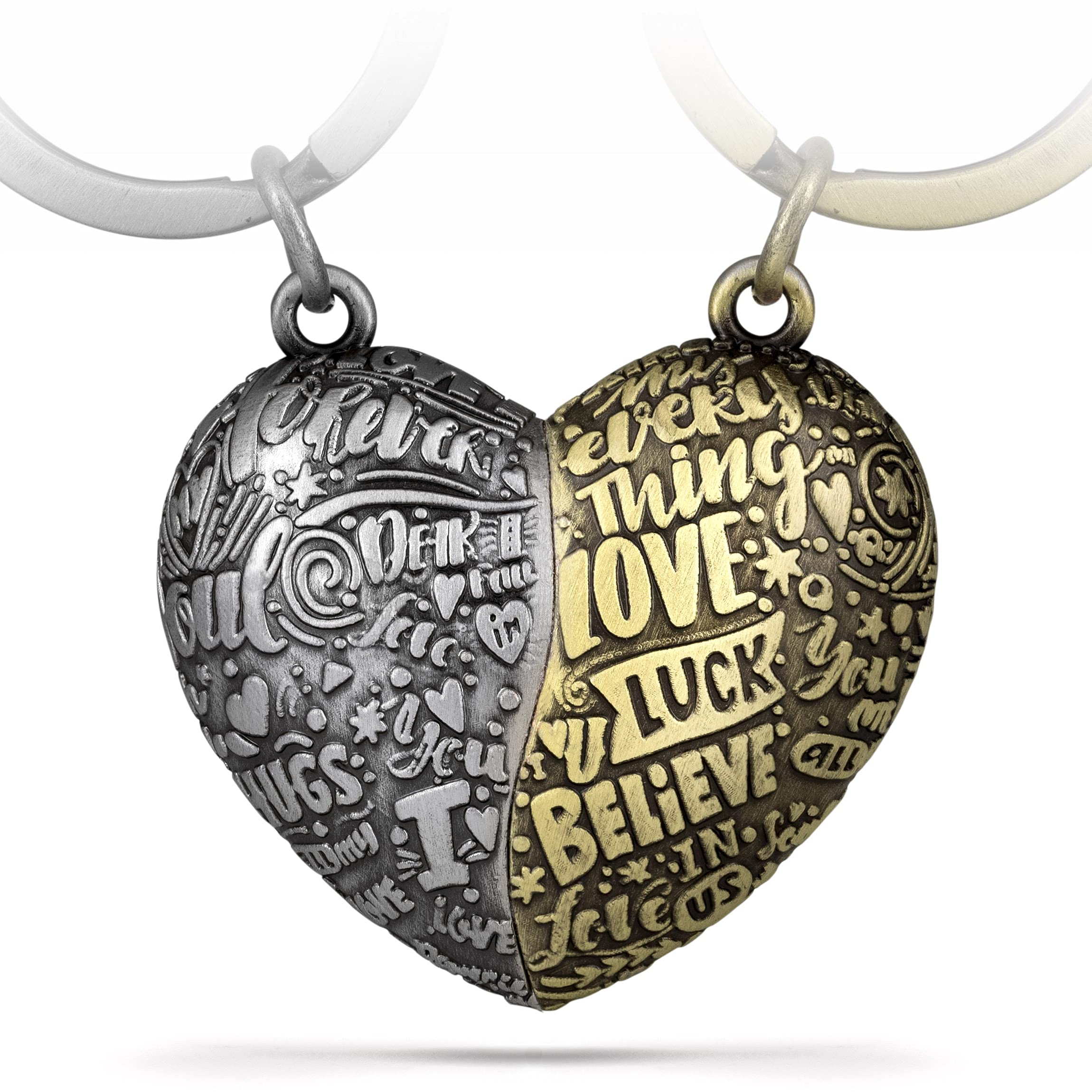 FABACH Heart Puzzle Keyring - Love Puzzle Piece Partner Pendant Heart - I Love You Partner Keyring Couples - Couples Love Gifts Partner Wedding Anniversary, Silver/bronze