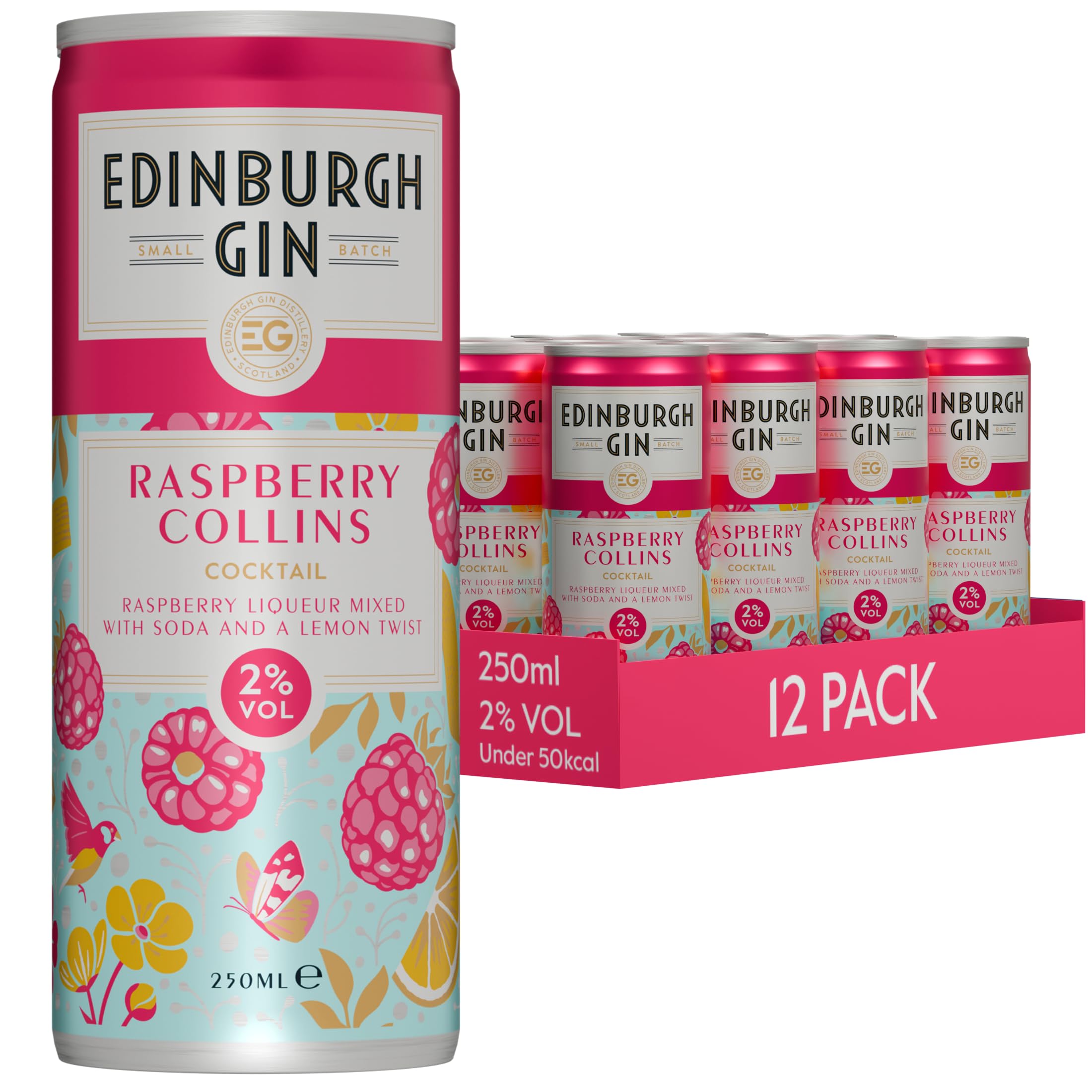Edinburgh Gin Raspberry Collins Cocktail Can 12 x 250ml, 2% ABV Ready to Drink Premixed Gin Cocktail, Refreshing Raspberry & Citrus Flavour, Light Alcohol Drink, Convenient Single Serve Beverage