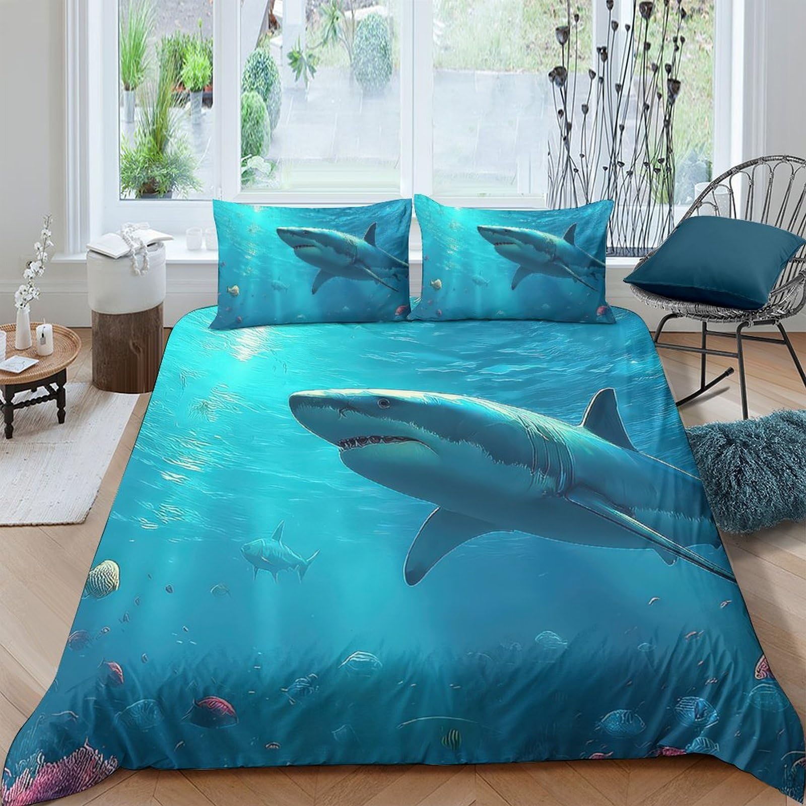 Ctjqhvkz Style-2 3D Printed Ocean Shark Fitted Sheet Microfiber Soft Blue Sea Mattress Cover For Bedroom Guest Room Decor Single（135X200cm）