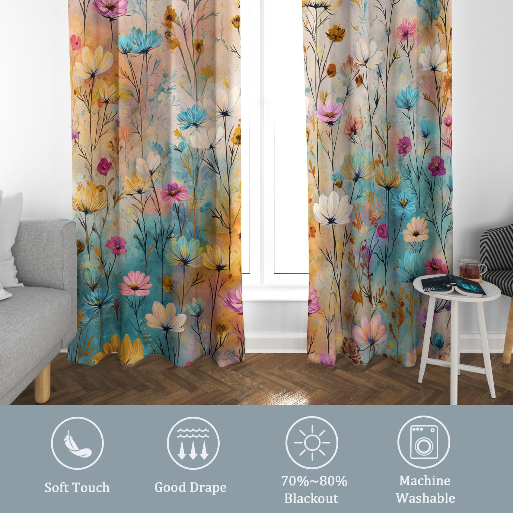 Rideau Fleuri Occultant Motif Abstrait Fleurs Rideaux Chambre Salon Cuisine Fenêtre 110 x 215 cm, Oeillets Rail Rideaux Occultants Thermique