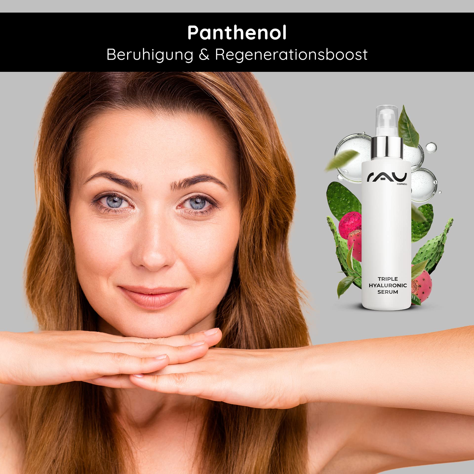 RAU Cosmetics Triple Hyaluronic Serum 100 ml - Intensiv Feuchtigkeitsserum mit Dreifach-Hyaluronsäure, Feigenkaktus & Panthenol - Anti-Aging Gesichtsserum für Aufpolsterung und Glow