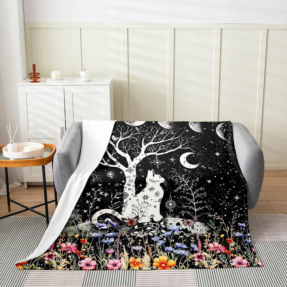 Feelyou Sun Moon Blanket Boho Exotic Cat Plush Throw Blanket, Bohemian Floral Flannel Fleece Blanket for Women Men Room Decor Galaxy Animals Throw 50"x60"