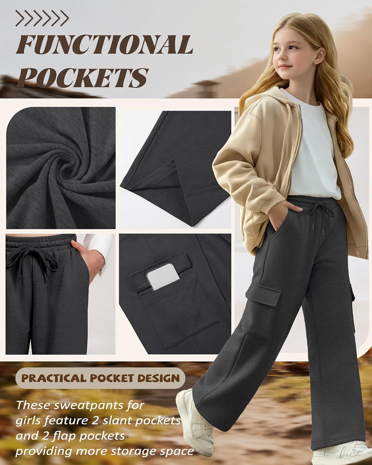 3 Pack Girls Wide Leg Sweatpants Kids Cargo Baggy Pants Drawstring Casual Athletic Joggers for Teens 5-14 Years