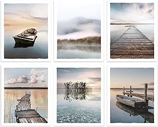 Color Play Lake Scene Wall Art Pictures Boat Pier Artwork Mountain Forest Prints Nature Landscape Photograph for Living Room Wall Decor Unframed 8x10 Inches Set of 6