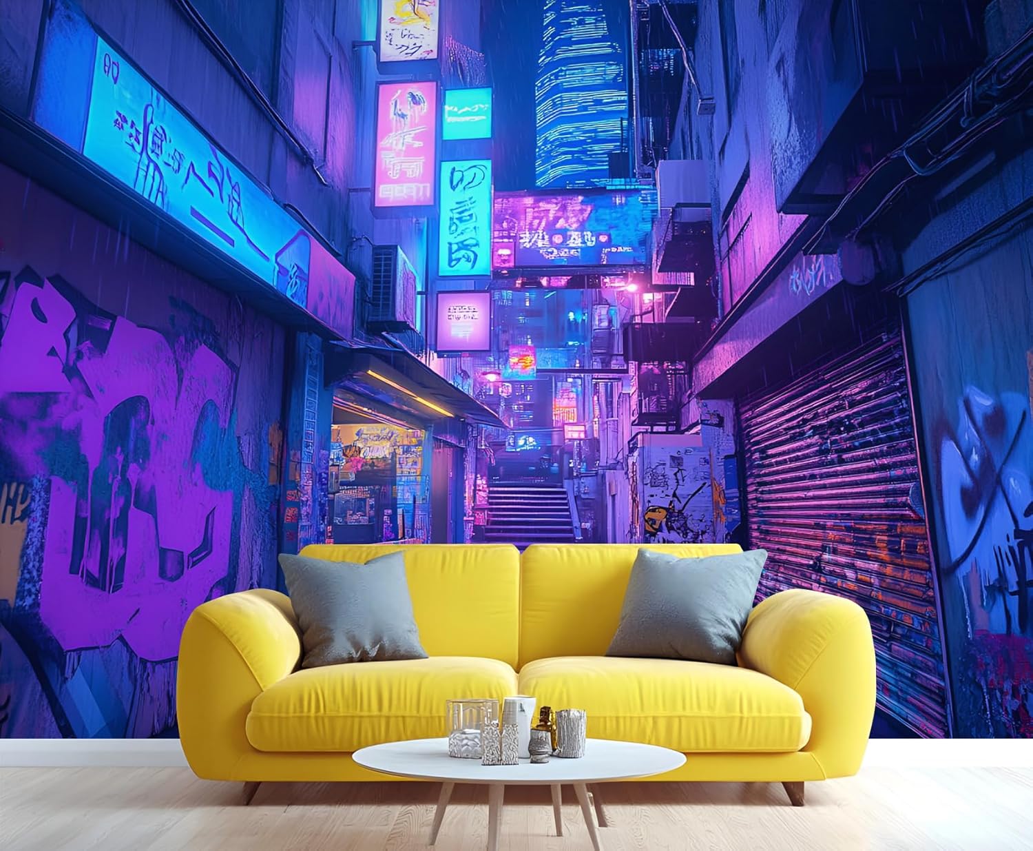 Cyber Alleys Mural, Neon Lights Wallpaper - Purple and Blue Home Decor, Graffiti Wall Mural, Future Retro Wall Murals for Living Room Bedroom TV Background (Non-self-Adhesive)