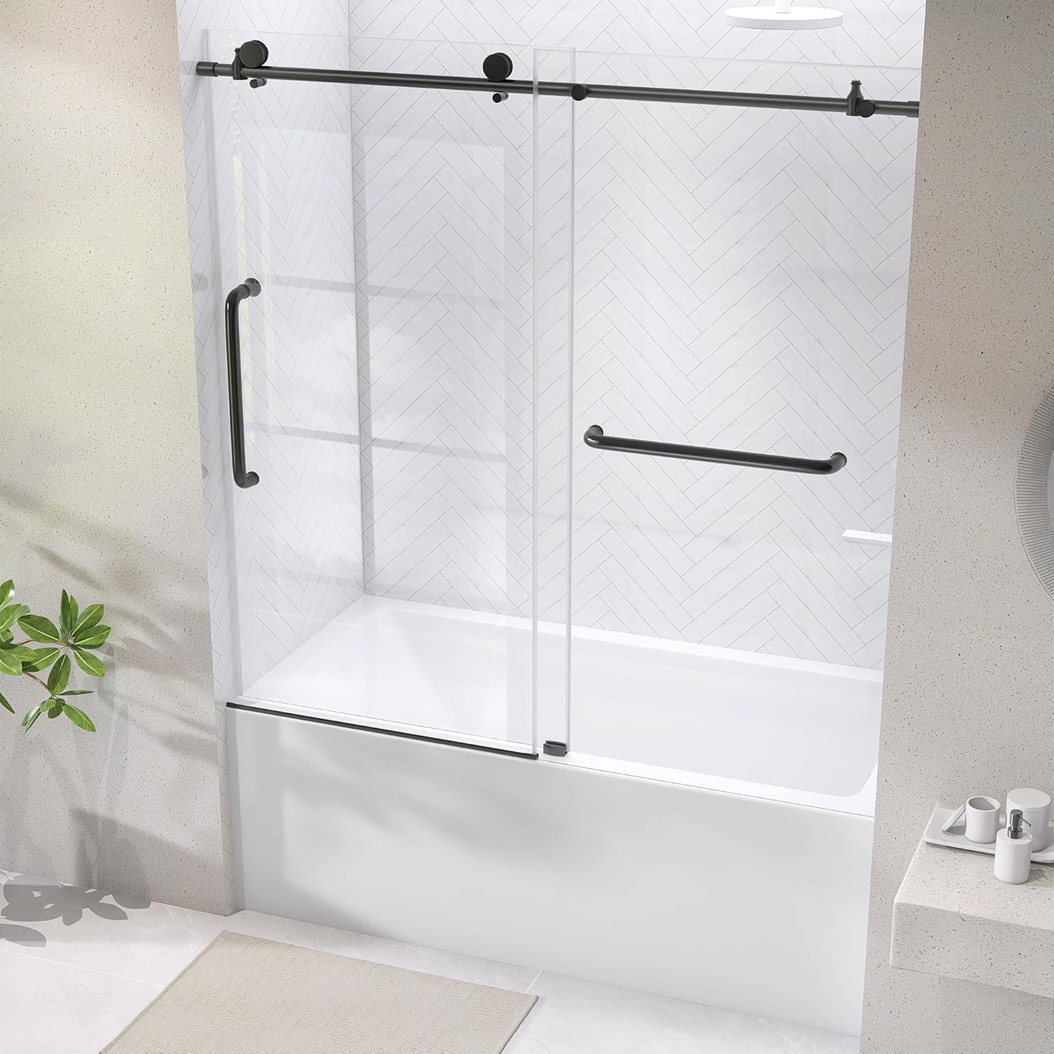 OGONBRICK Frameless Bathtub Shower Door 56-60 in. W x 60 in. H Sliding Bathroom Tub Shower Doors 1/4 inch Clear Tempered Glass Tub Door for Walk-in Shower Matte Black Harewares