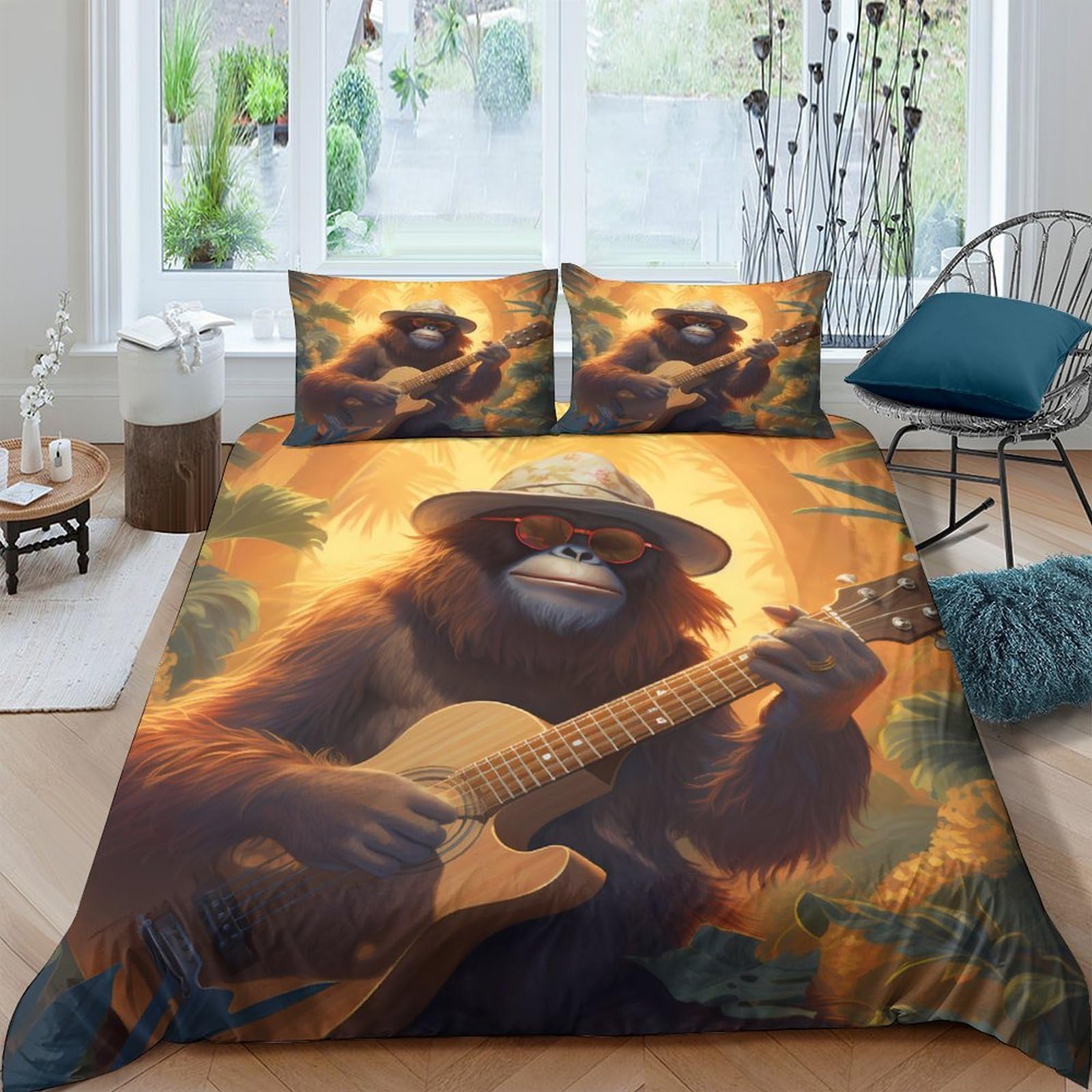 GPLZQXKJNH 3D Printed Orangutan Guitar Duvet Cover Set Microfiber Soft Breathable Sunset Forest Bedding with 2 Pillowcases for Bedroom Decor Single（135x200cm）